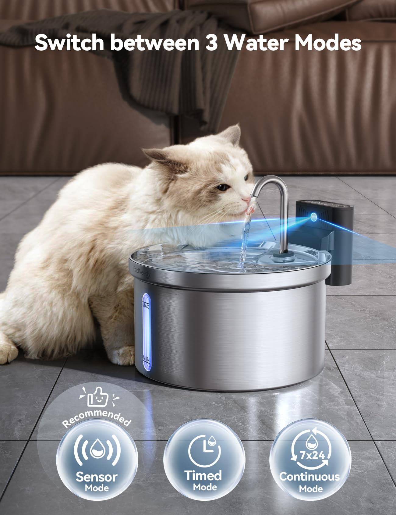 Wireless Cat Water Fountain Stainless Steel [Water & Battery Separation] Feelneedy Smart Pet Water Fountain, 4000Mah Battery Ope