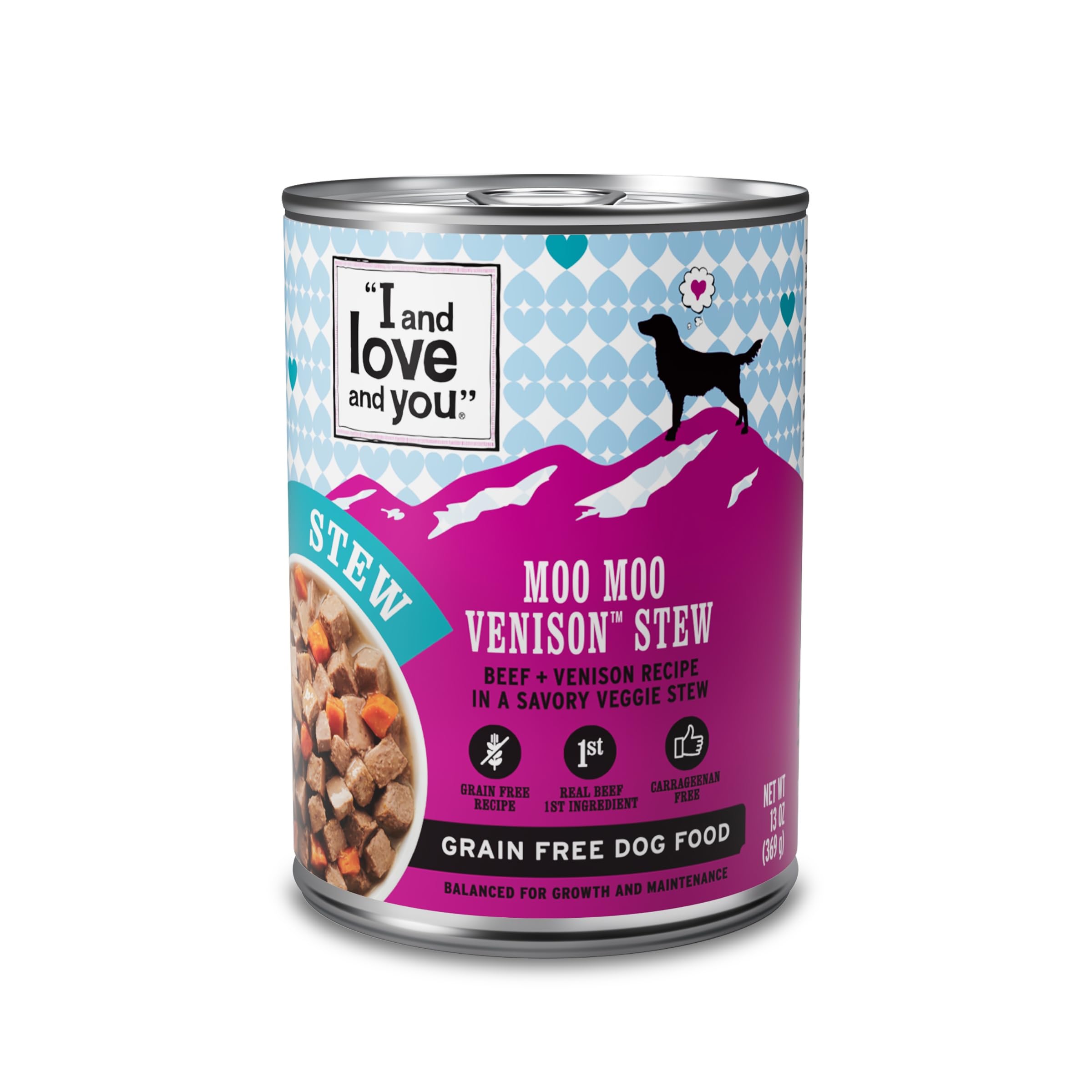 I AND LOVE AND YOU Wet Dog Food - Moo Moo Venison Stew - Beef + Venison Recipe, Grain Free, Filler Free 13oz can, 12pk