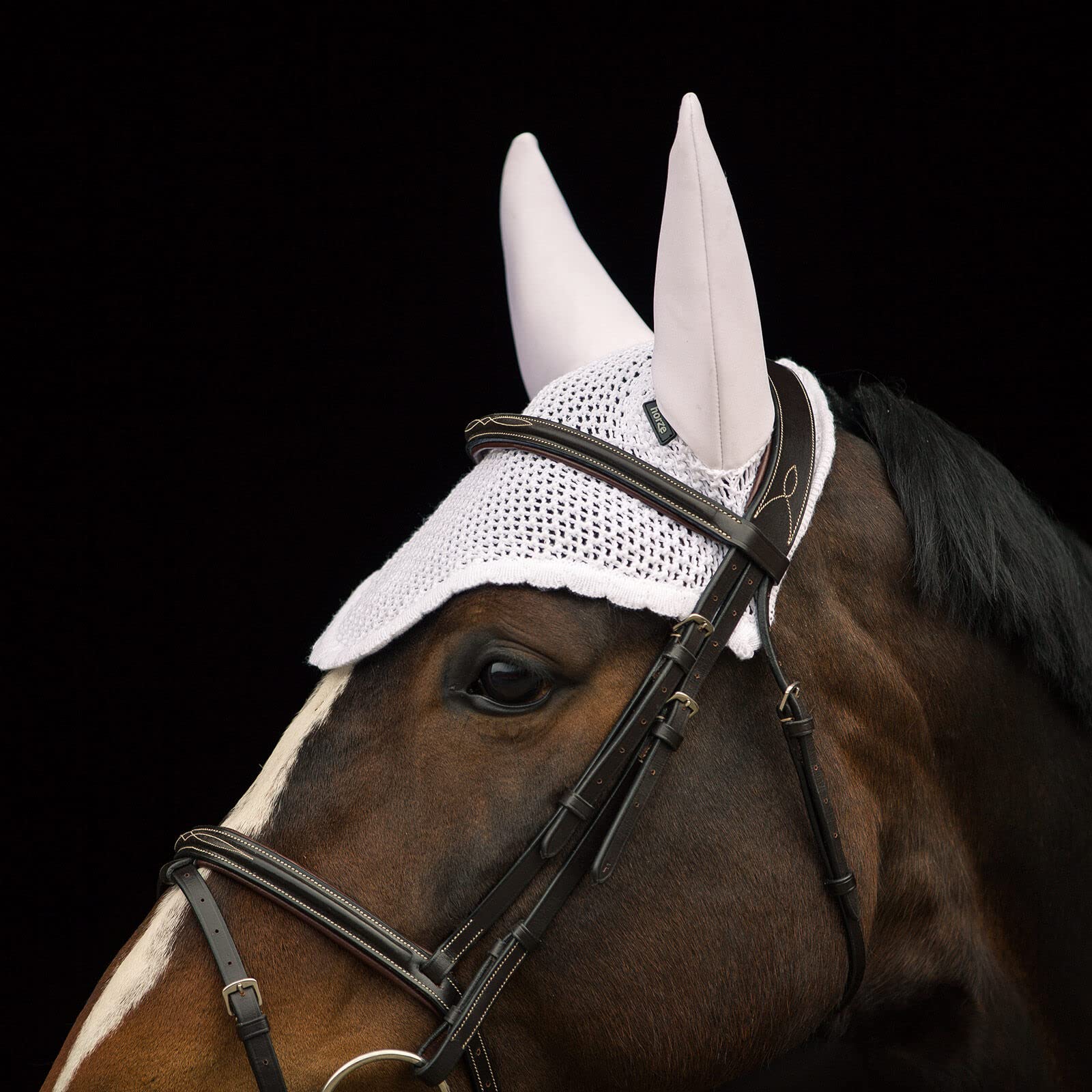 HORZE Supreme Silent Crochet Ear Bonnet - Sound Dampening Fly Protection for Sensitive Horses - White - Horse