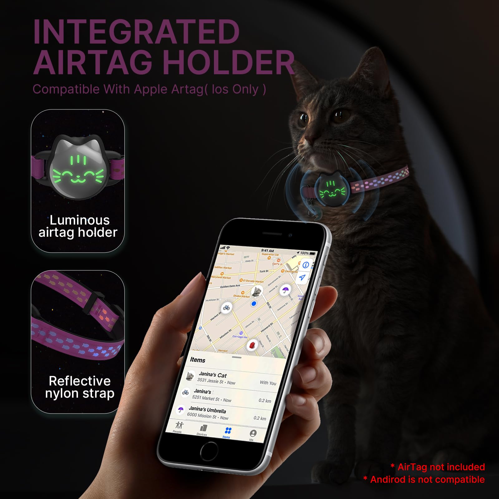 Waterproof Airtag Cat Collar, Breakaway Cat Airtag Collar With Luminous & Reflective Pattern Strap, Lightweight Kitten Collar Fo