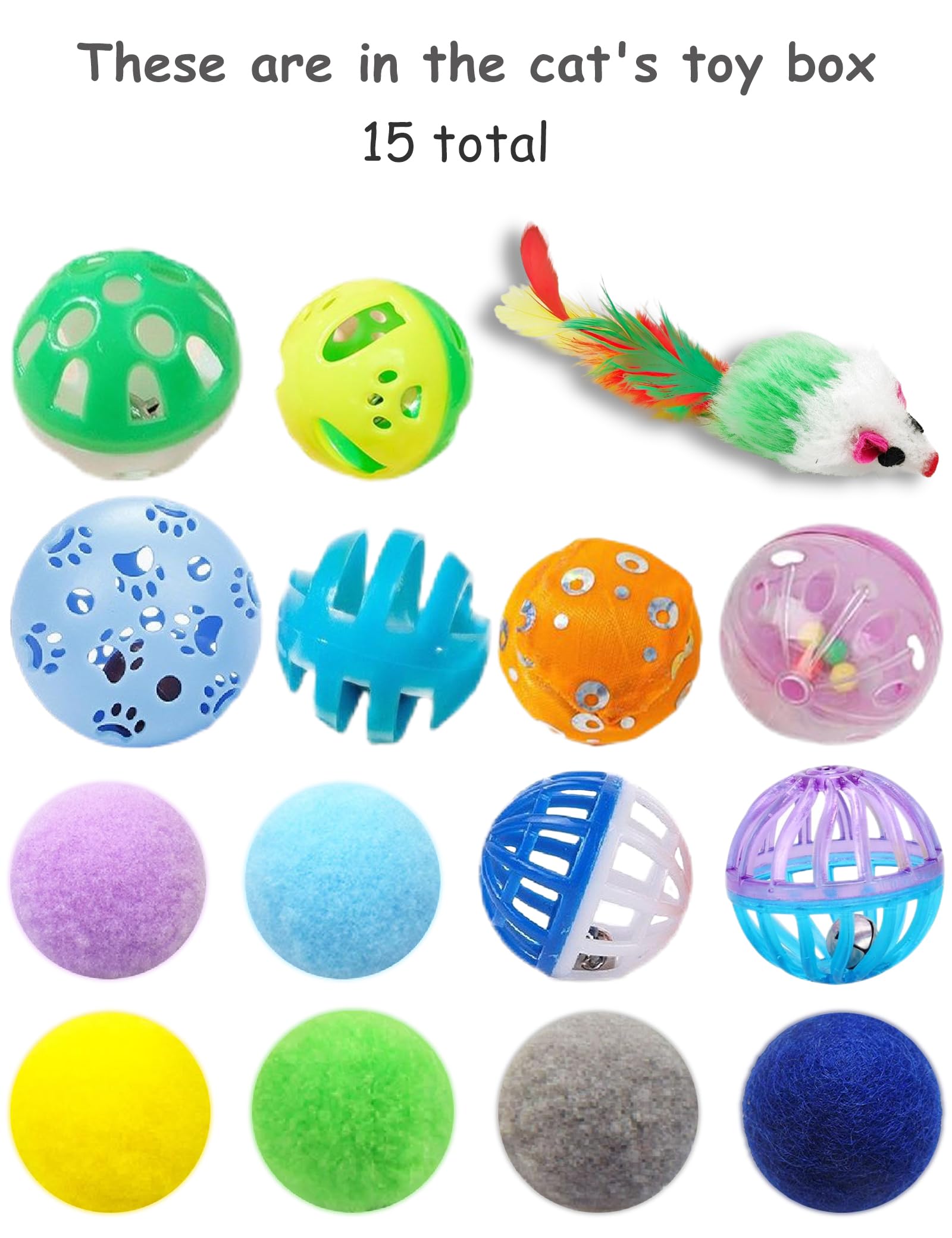 Heuhai 15-Piece Toy Set With Jingle Balls, Mouse & Fuzzy Balls - For Play, Exercise, And Interactive Fun (1.5' - 2.2', Cat Toy