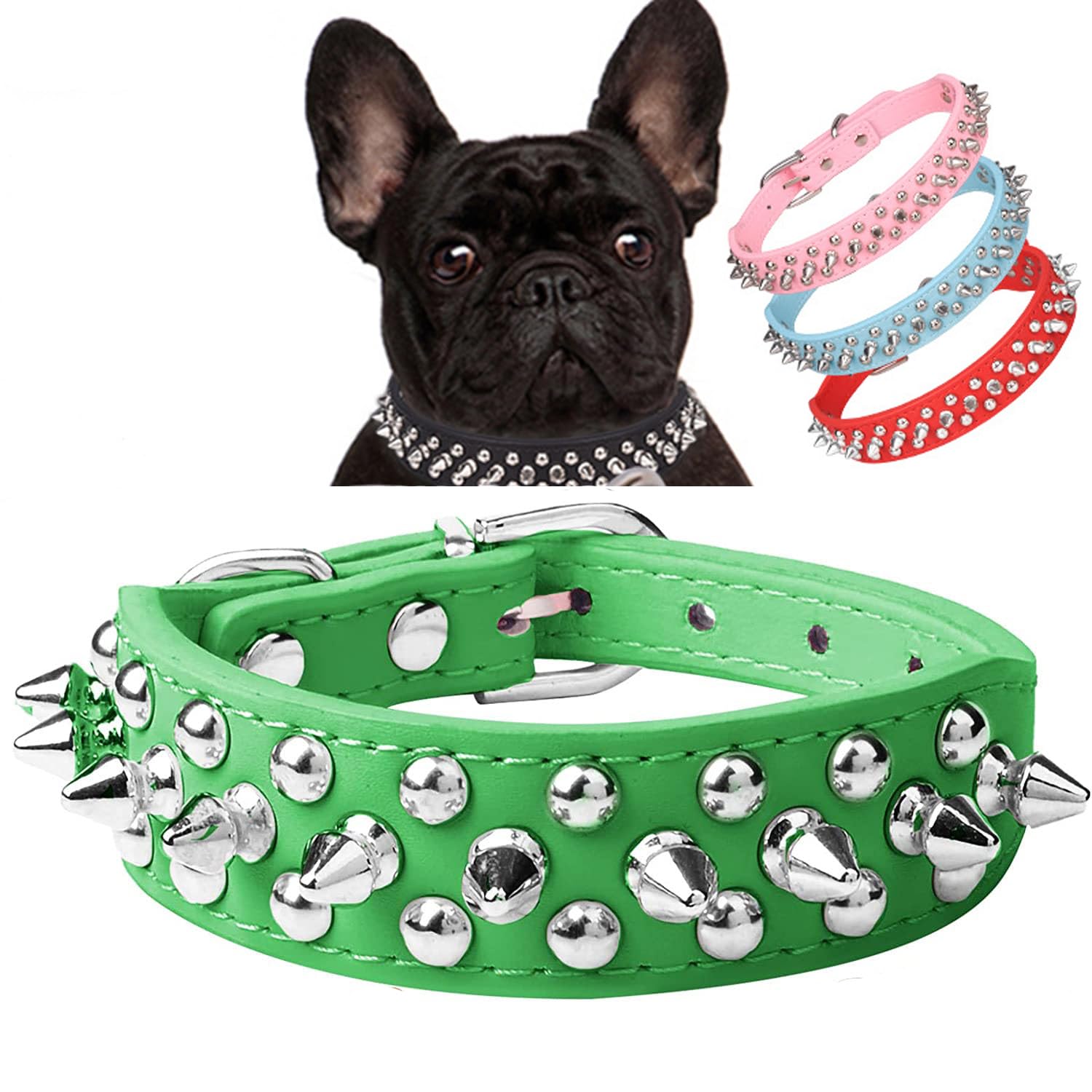 Serijoars Spiked Dog Collar Soft Pu Leather Mushrooms Rivet Spike Studded Dog Collar Adjustable Puppy Collars (S, Green)