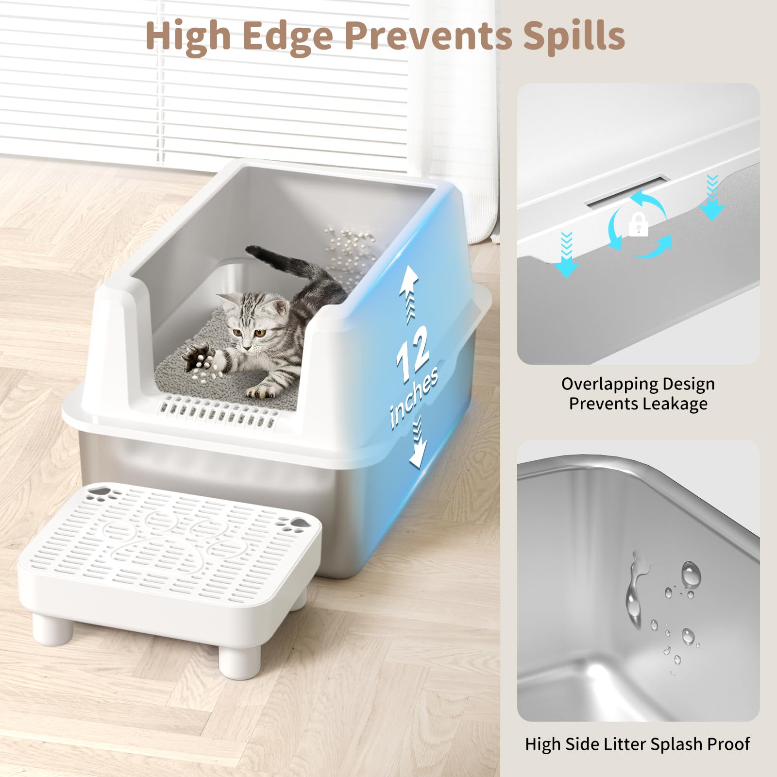 Perehome Enclosed Stainless Steel Cat Litter Box, Extra Xl Large Metal Litter Box With Lid, High Sided, Easy Clean, Odorless, An