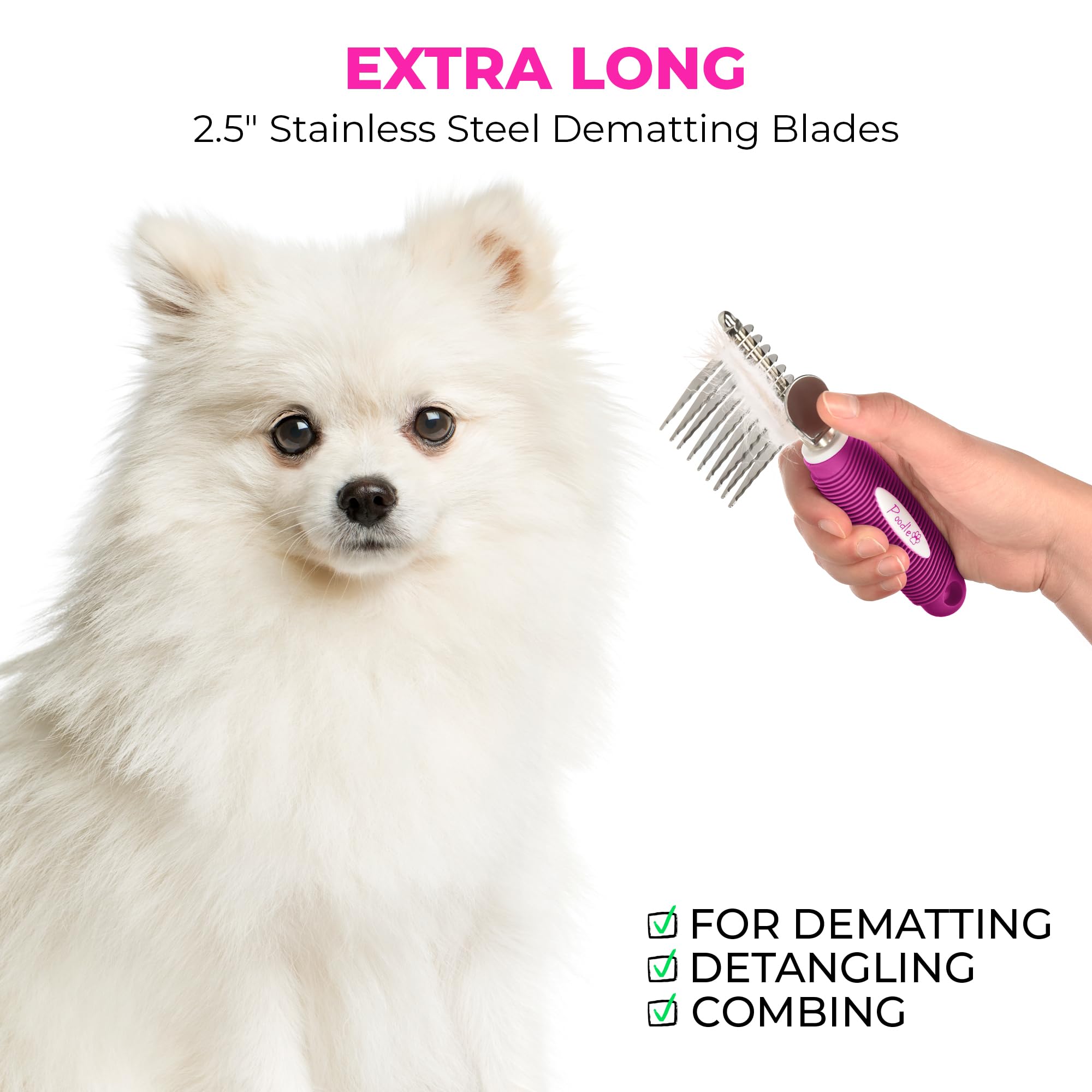 Poodle Pet Dematting Fur Rake Comb Brush Tool - Dog And Cat Comb With Long 2.5 Inches Steel Safety Blades For Detangling Matted Or Knotted Undercoat Hair (Pink, Dematting Comb)