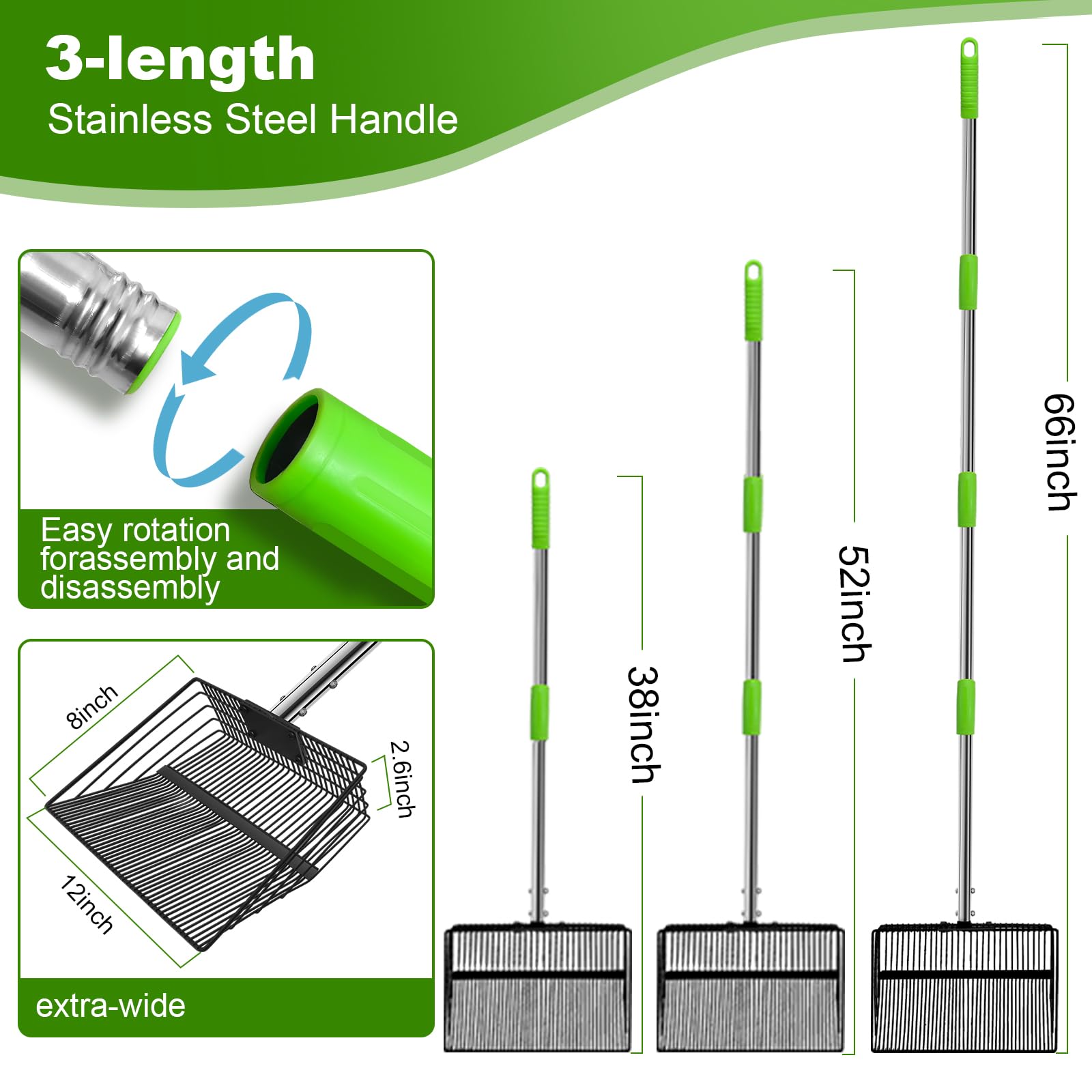 12inch Large Chicken Poop Scooper,2 Widths of Slots Litter Sifting Shovel (23 to 66),Chicken Coop Litter Scoop with Stainless St