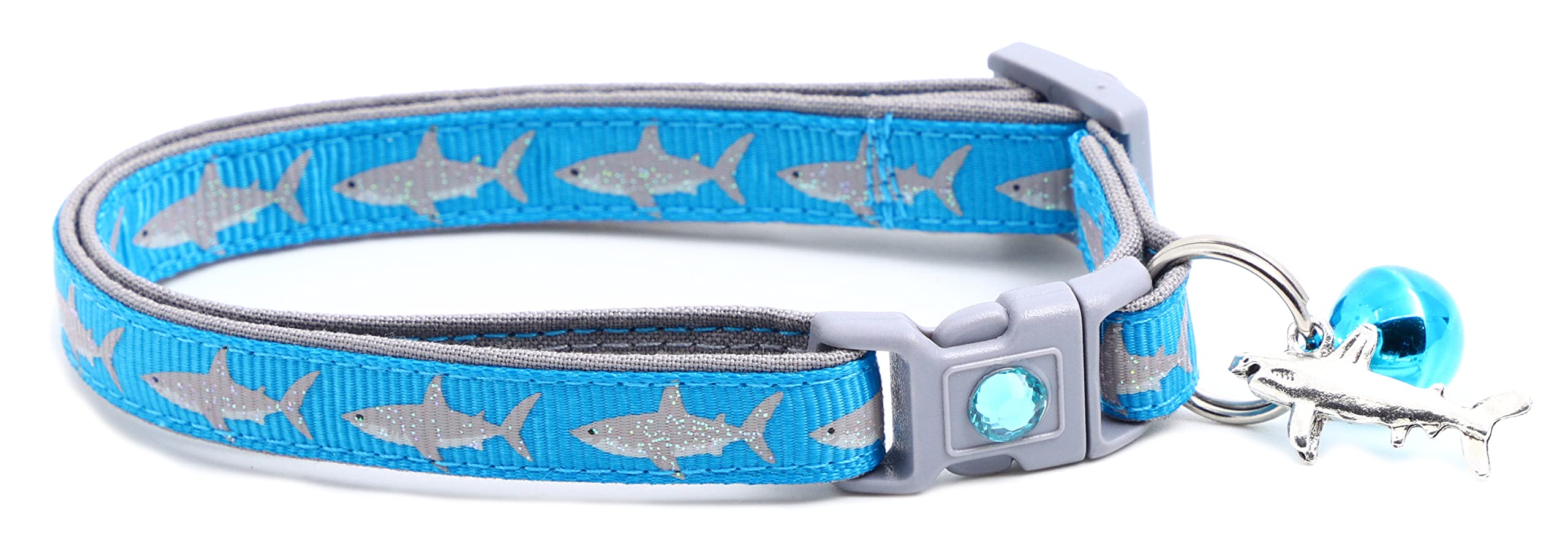 Great White Shark Cat Collar - Safety - Breakaway - Charm And Bell - Pugs2Persians (Large(10Lbs & Up), Blue)