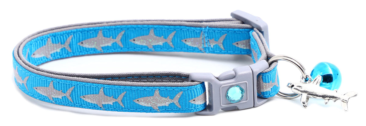 Great White Shark Cat Collar - Safety - Breakaway - Charm And Bell - Pugs2Persians (Large(10Lbs & Up), Blue)