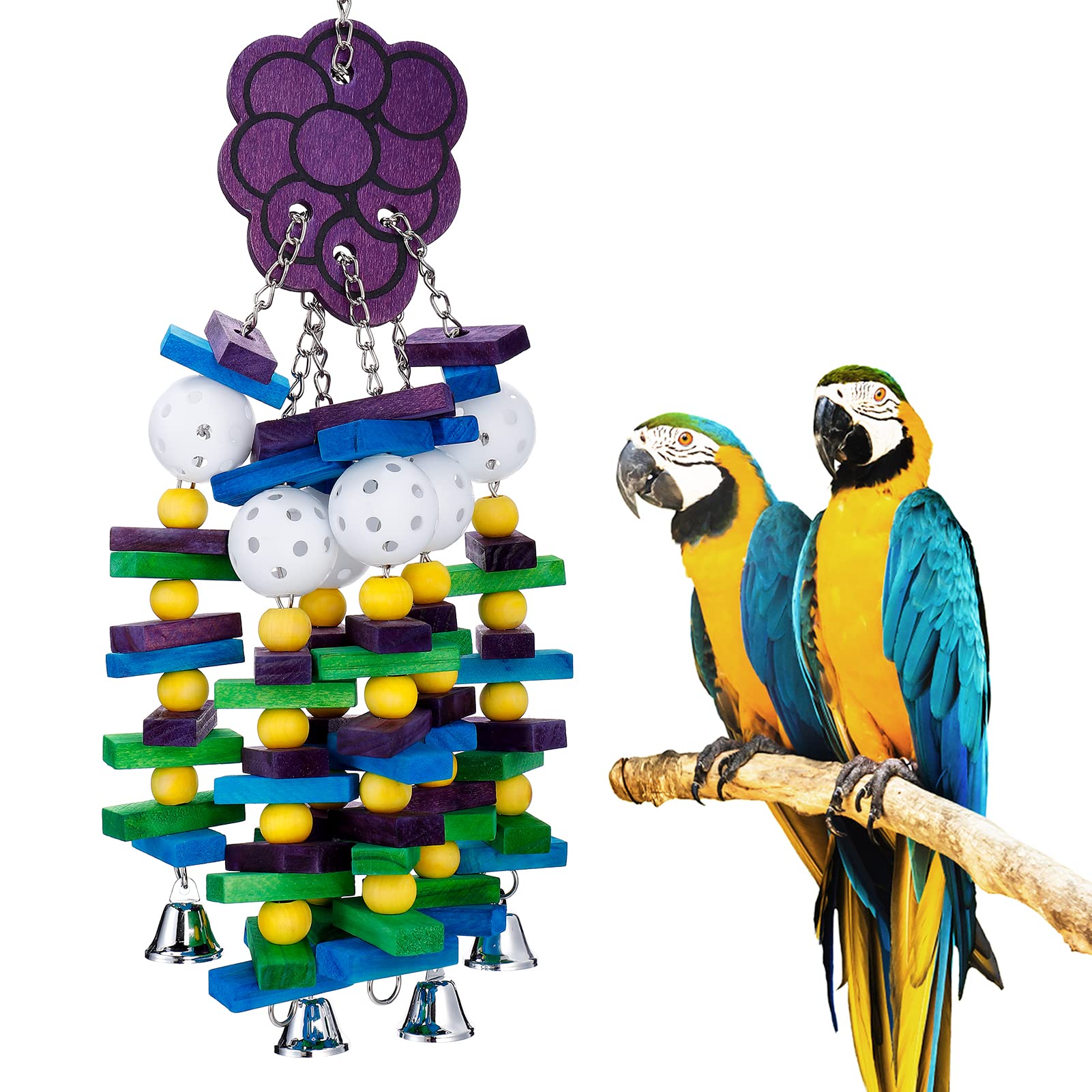 Mewtogo Large Bird Parrot Toys With Bells- Parrots Cage Chewing Toy With Colorful Wood Blocks Beads- Bird Parrot Chewing Sticks 
