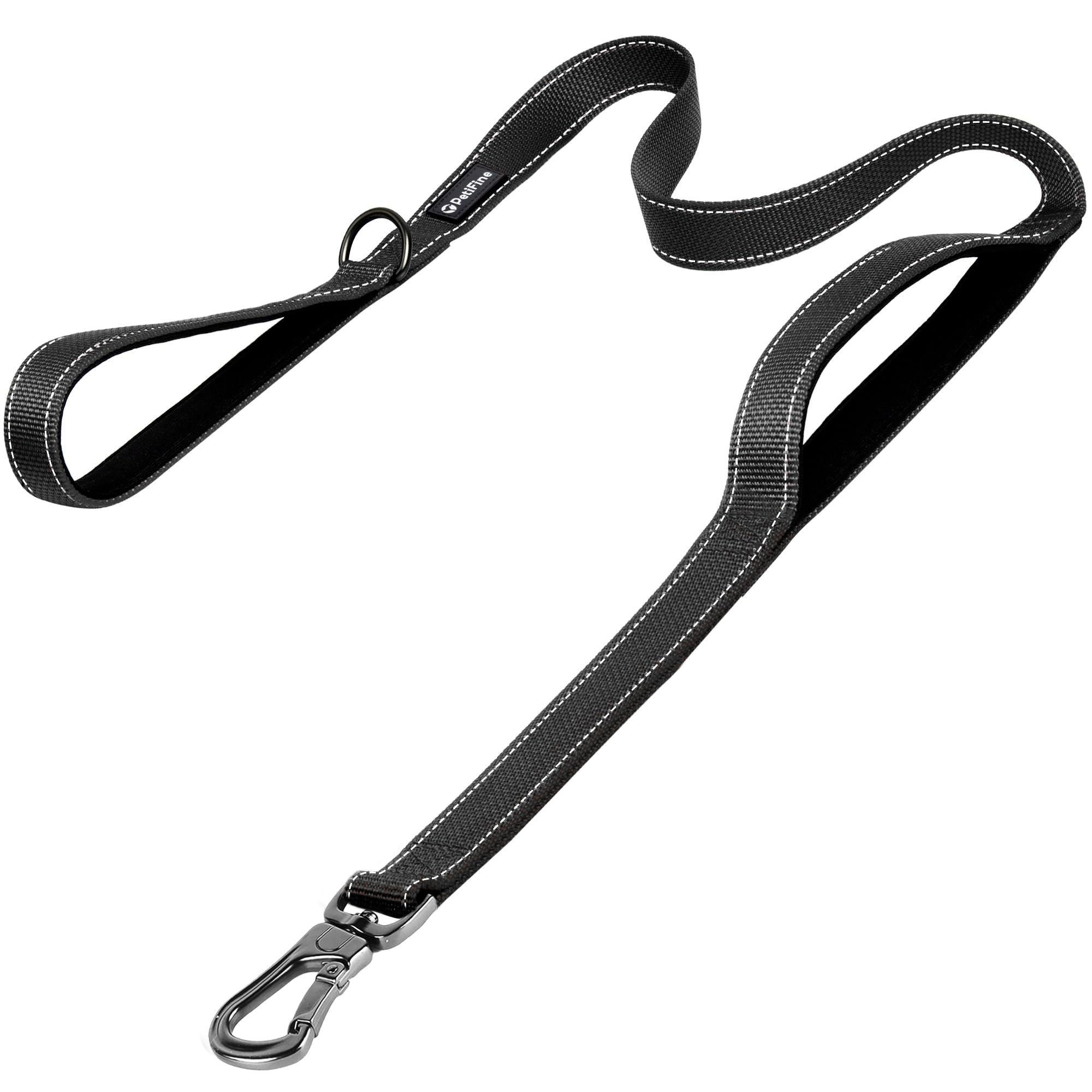 Petifine 5Ft Heavy Duty Dog Leash With Soft Padded Double Handle, Durable Strong Clasp Dog Leashes, Reflective Nylon Walking Lead For Large,Medium,Small Breed Dogs, Black