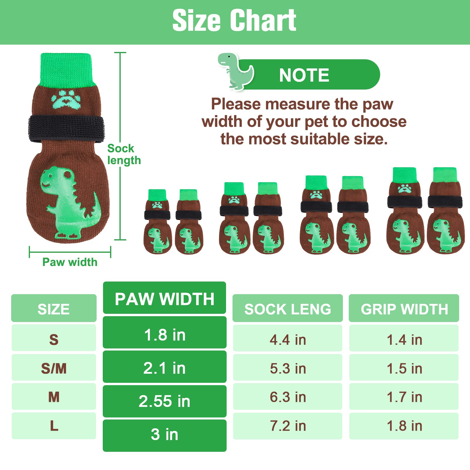 Beautyzoo Anti-Slip Dog Socks With Grips Traction Control For Small Medium Large Dogs, Non Skid Indoor Double Side Pet Paw Protector For Hardwood Floor Wear, Dinosaurs S/M