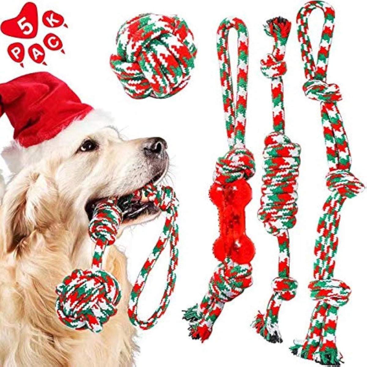 Hetoo Christmas Dog Toys, Indestructible Dog Rope Toys Set, Tough Puppy Teething Toys For Small Medium Aggressive Chewers Dogs Training Playing, 5 Pack