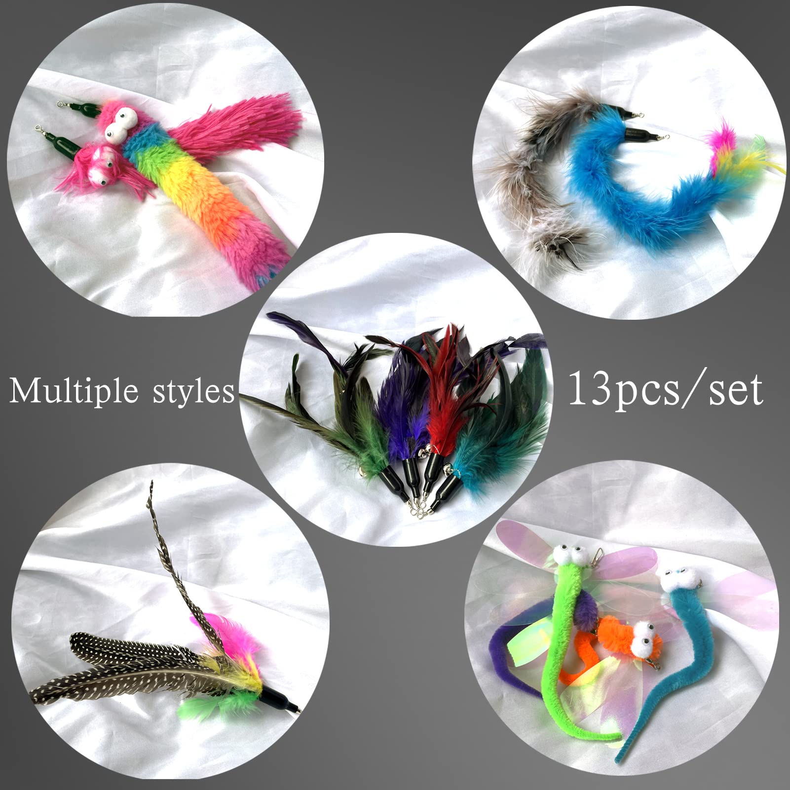 Cat Worm & Dragonfly Teaser Wand Attachments - 13 Pcs Assorted Refills With Bell