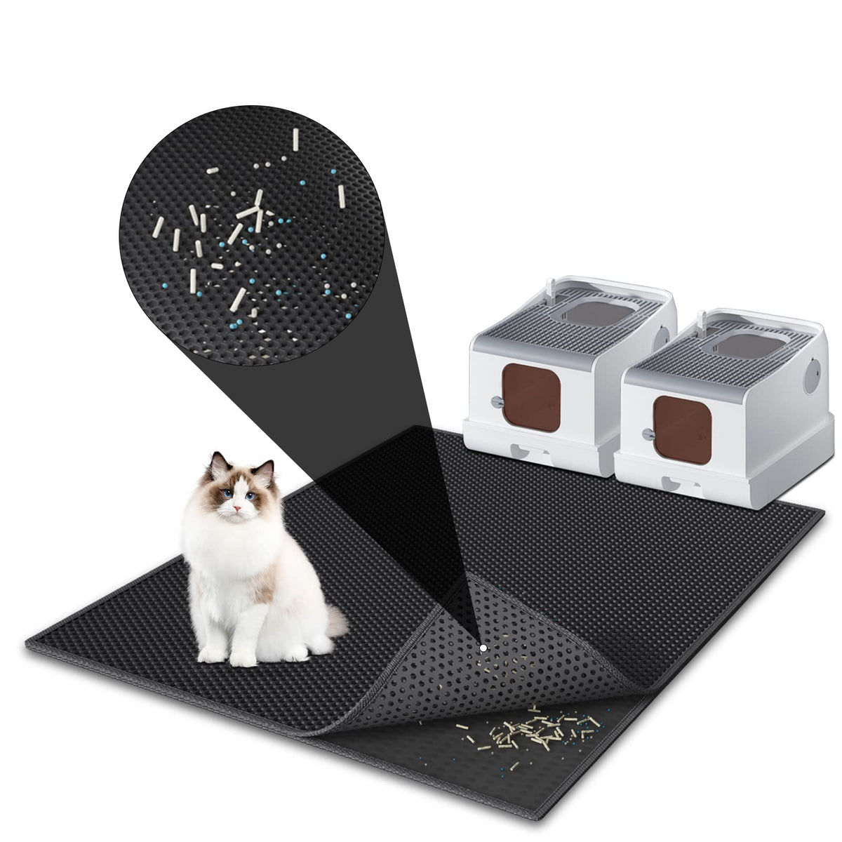 Pieviev Cat Litter Mat 36X30 Double Layer Waterproof Urine Proof Trapping Mat With Upgraded 3-Sided Opening Design (Black)