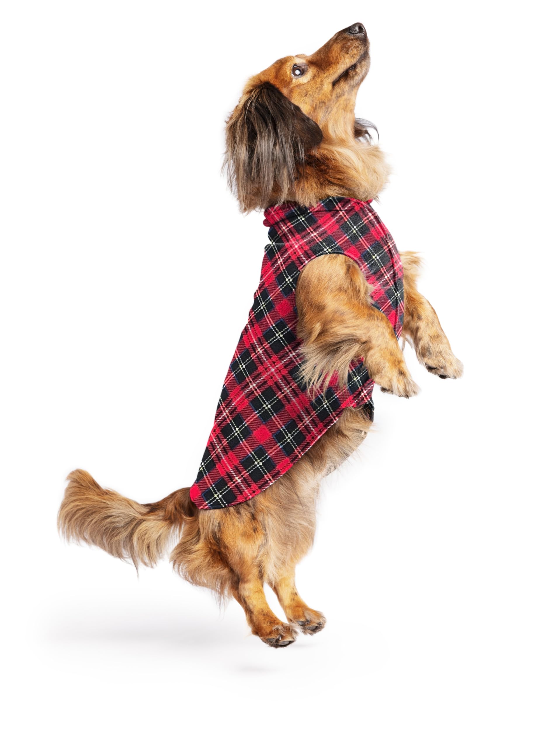 Gold Paw Stretch Fleece Dog Coat, Stretchy Pet Sweater, Machine Washable Pullover For Winter And Fall, Red Classic Plaid, 12