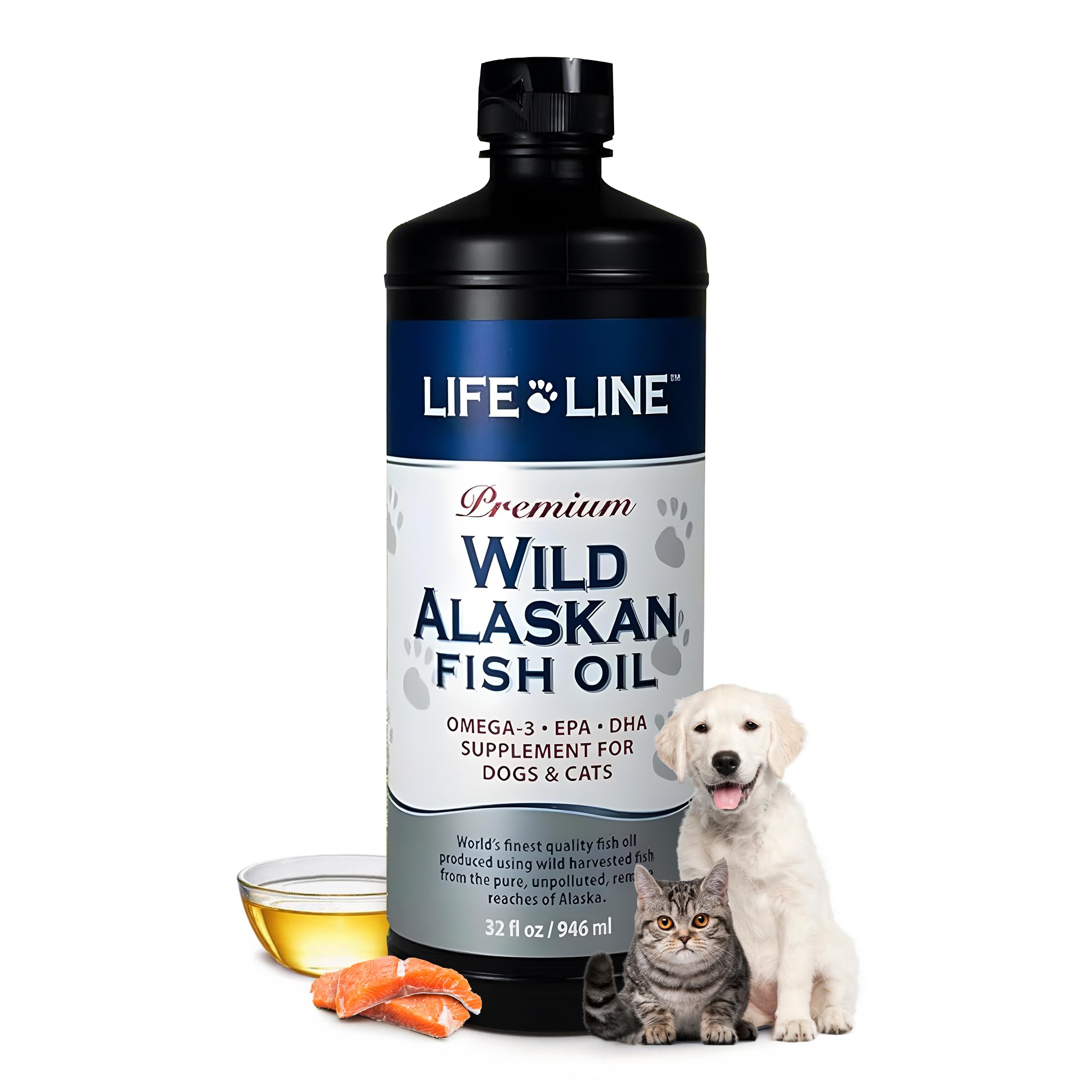Life Line Pet Nutrition Wild Alaskan Fish Oil for Dogs and Cats 32oz - Omega 3 Fish Oil Supplement for Skin & Coat - Supports Br