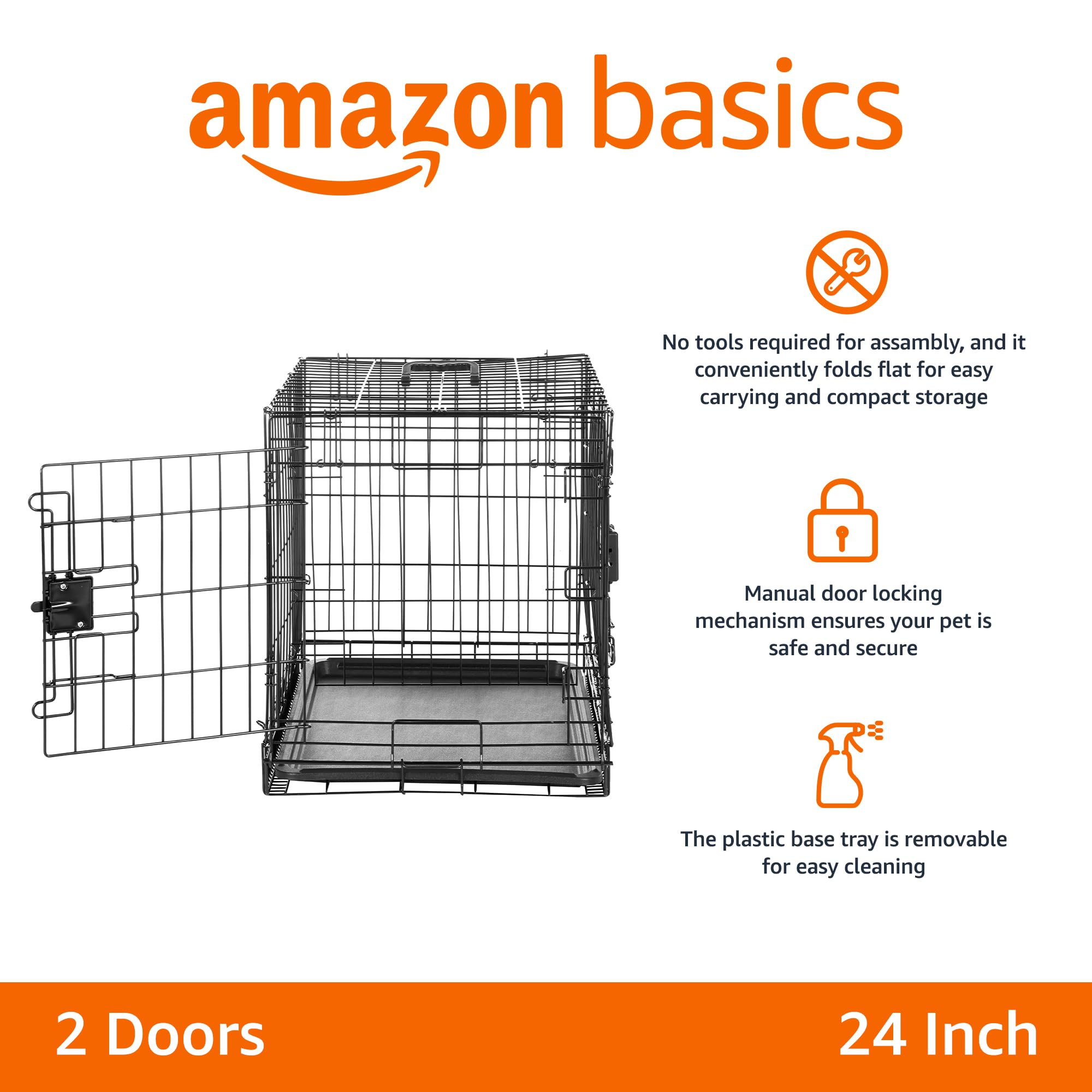 Amazon Basics Durable,Foldable Metal Wire Dog Crate With Tray, Double Door, Divider, 24 X 18 X 20 In, Black
