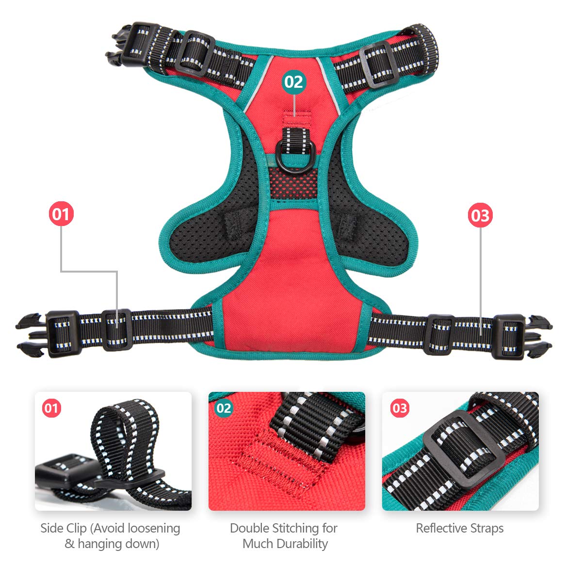 PHOEPET 2019 Upgraded No Pull Dog Harness,3M Reflective Adjustable Vest, with a Training Handle + 2 Metal Leash Hooks+ 3 Snap Bu