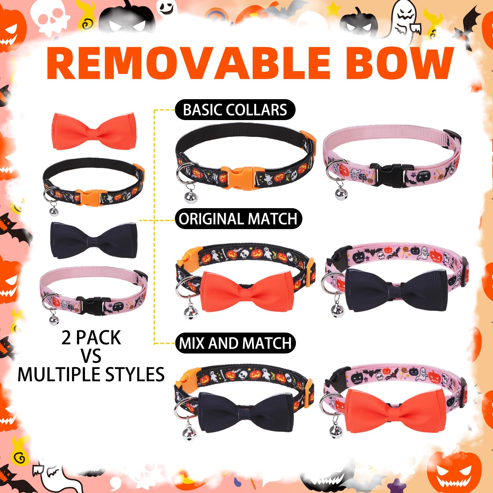 Pupteck Halloween Bowtie Dog Collar With Bell 2 Packs, Adjustable Breakaway Puppy Collar, Sweet Gift For Small Dogs Cats Pets, 11.8-15.7 In