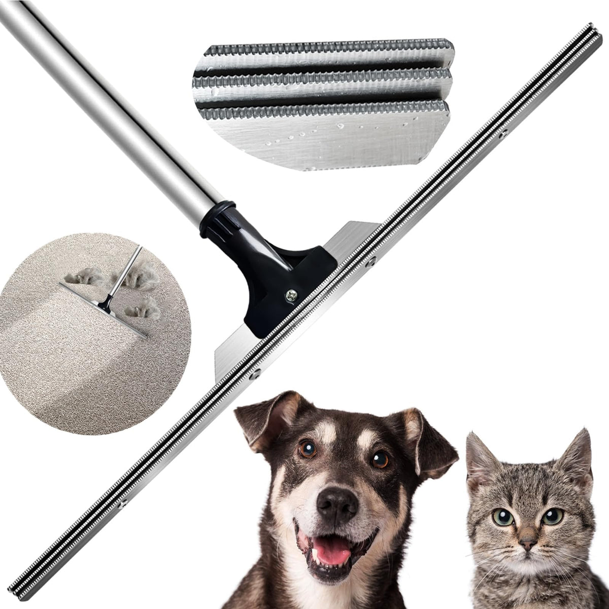 Professional 13.7    Carpet Pet Hair Removal Tool,3 Scraper Carpet Rake For Dog Cat,Lengthen 60    Adjustable Handle With Extra 