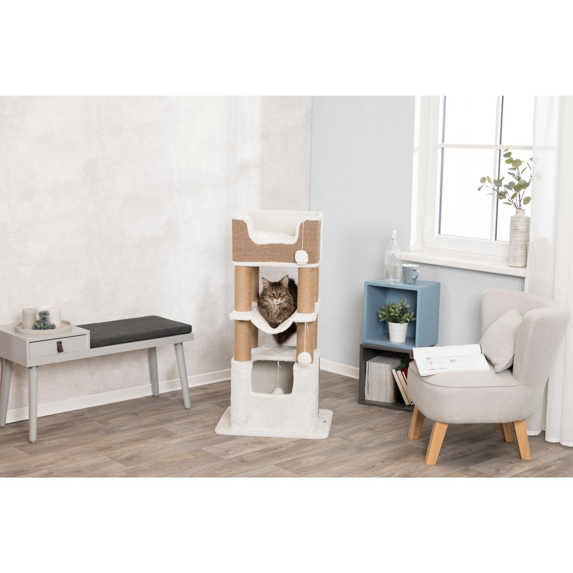 TRIXIE Lucano XXL 43-in Cat Tower, Sisal Scratching Posts, Cat Tree with Plush Condo, Cushions, Dangling Cat Toys, Brown