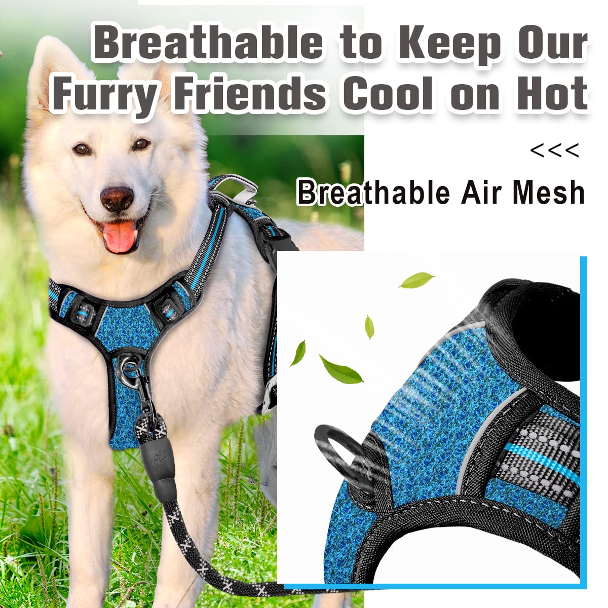 BARKBAY No Pull Dog Harness Front Clip Heavy Duty Reflective Easy Control Handle for Large Dog Walking with ID tag Pocket(Blue/B