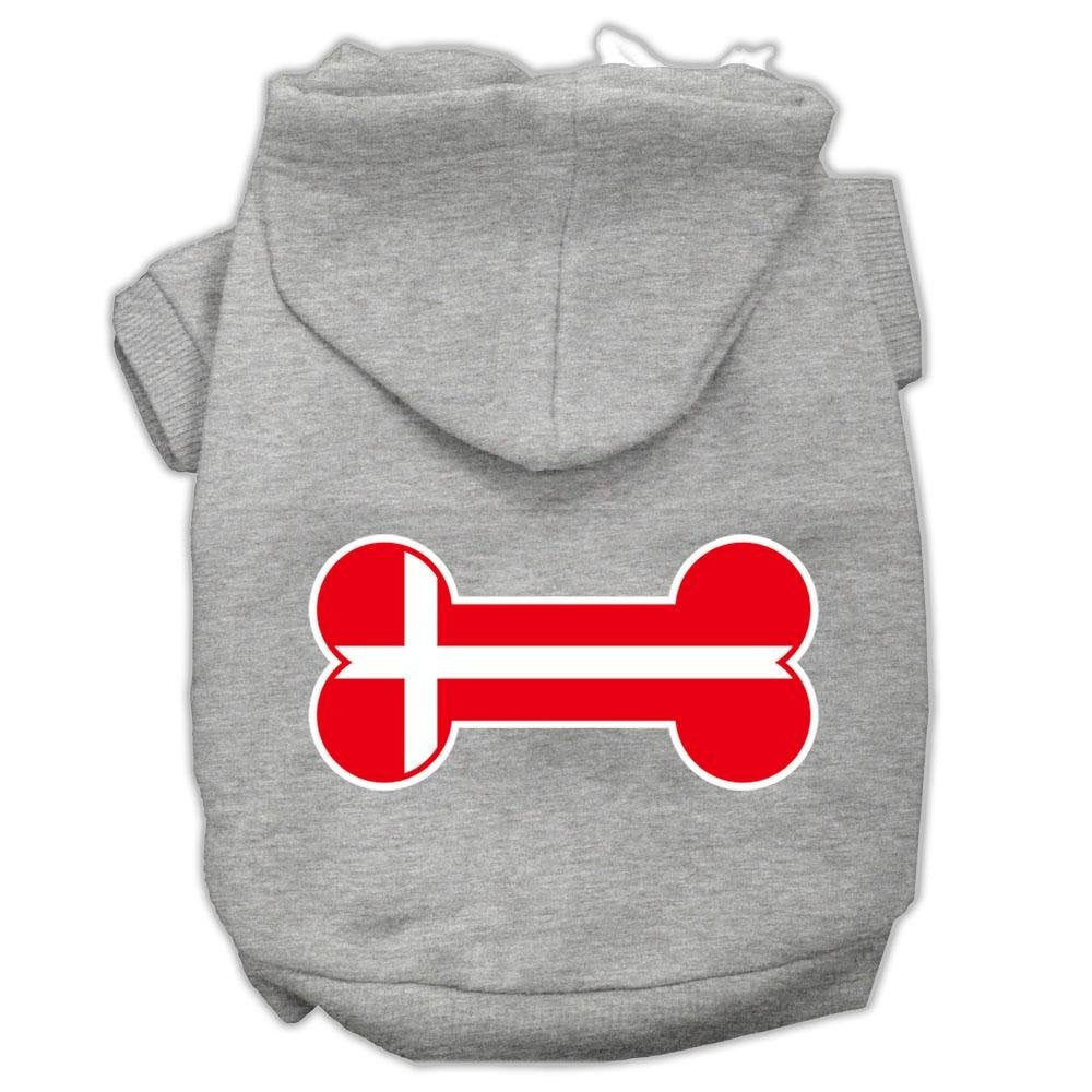 Pet, Dog & Cat Hoodie Screen Printed, 'Bone Shaped Denmark Flag' Gray Sm (3-6 Lbs.)