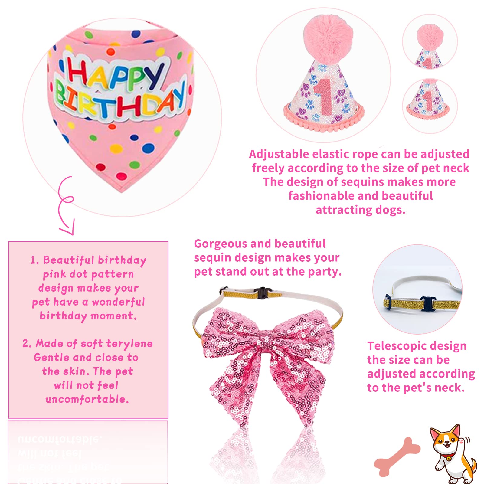 Dog Birthday Party Supplies - Bandana Hat, Red Bowtie, Tutu Skirt for Girl Dog Decorations