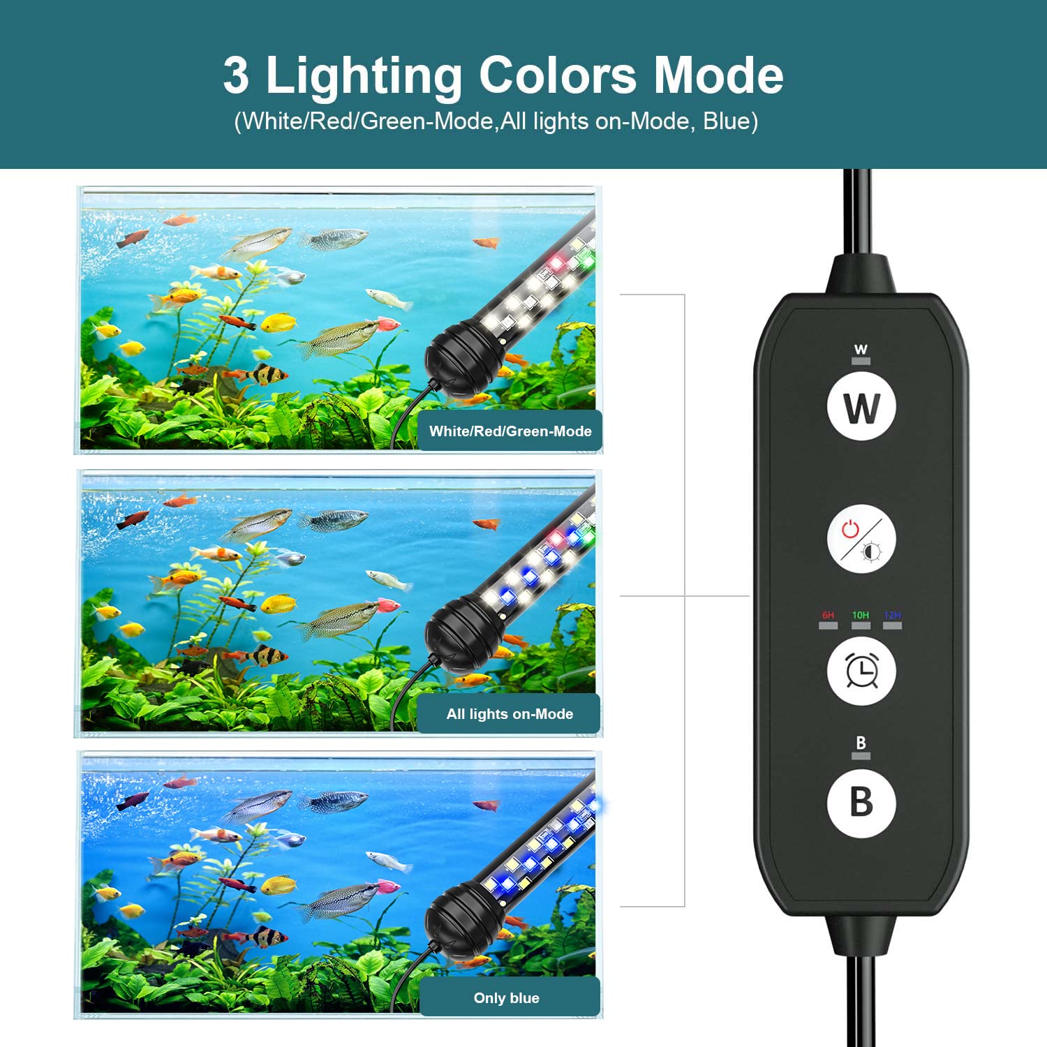 SEAOURA Led Aquarium Light with Timer, Submersible Aquarium Plant Light, Fish Tank Light with Auto On/Off, 3 Lighting Modes, Adj