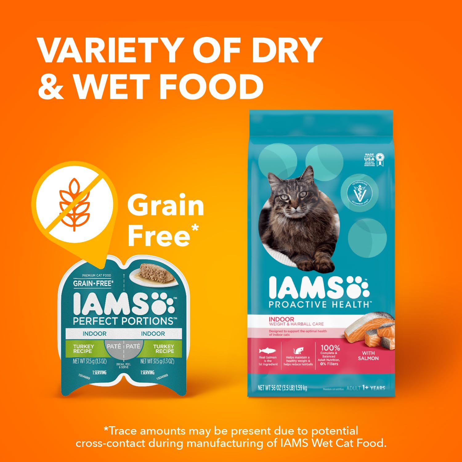 IAMS PERFECT PORTIONS Indoor Adult Grain Free* Wet Cat Food Pate Variety Pack, Salmon Recipe and Turkey Recipe, 2.6 oz. Easy Pee