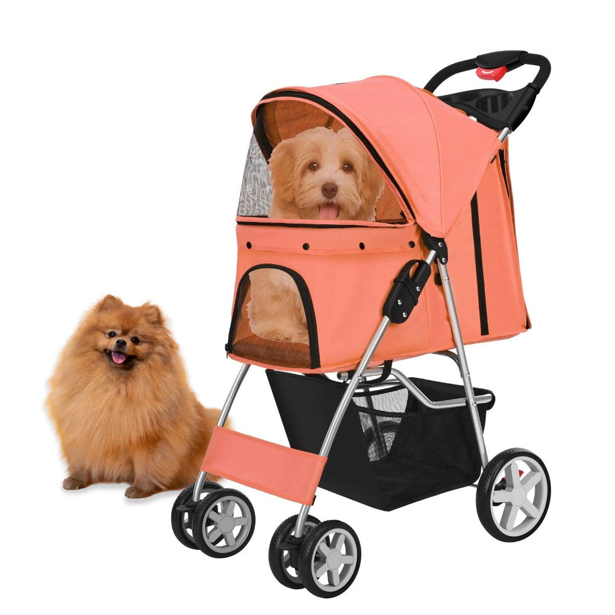 Flexzion Pet Stroller (Orange) Dog Cat Small Animals Carrier Cage 4 Wheels Folding Flexible Easy To Carry For Jogger Jogging Walking Travel Up To 30 Pounds With Rain Cover Cup Holder Mesh Window