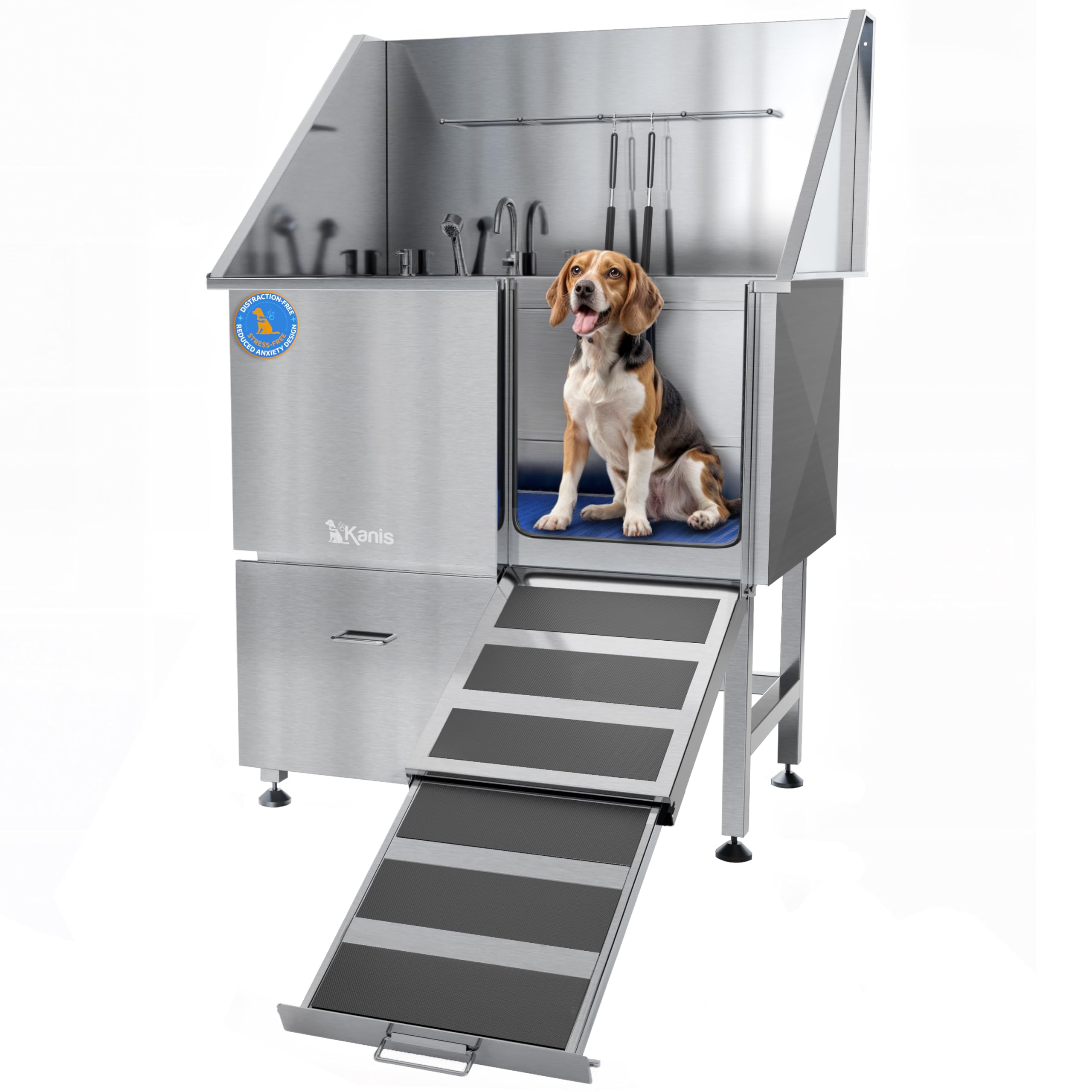 Kanis Professional Stainless Steel Dog Bathing Station - Grooming Tub W/Ramp, Storage Drawer, Floor Grate & Faucet/Dog Bathtub F