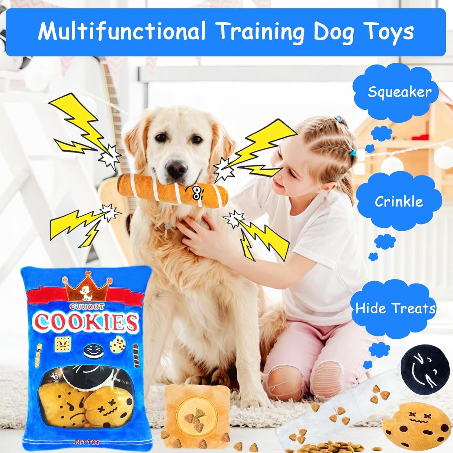 CUUOOT Treat Dispensing Dog Toys, Crinkle Squeaky Interactive Dog Toys, Enrichment Treat Puzzle Dog Toy for Medium, and Large Do