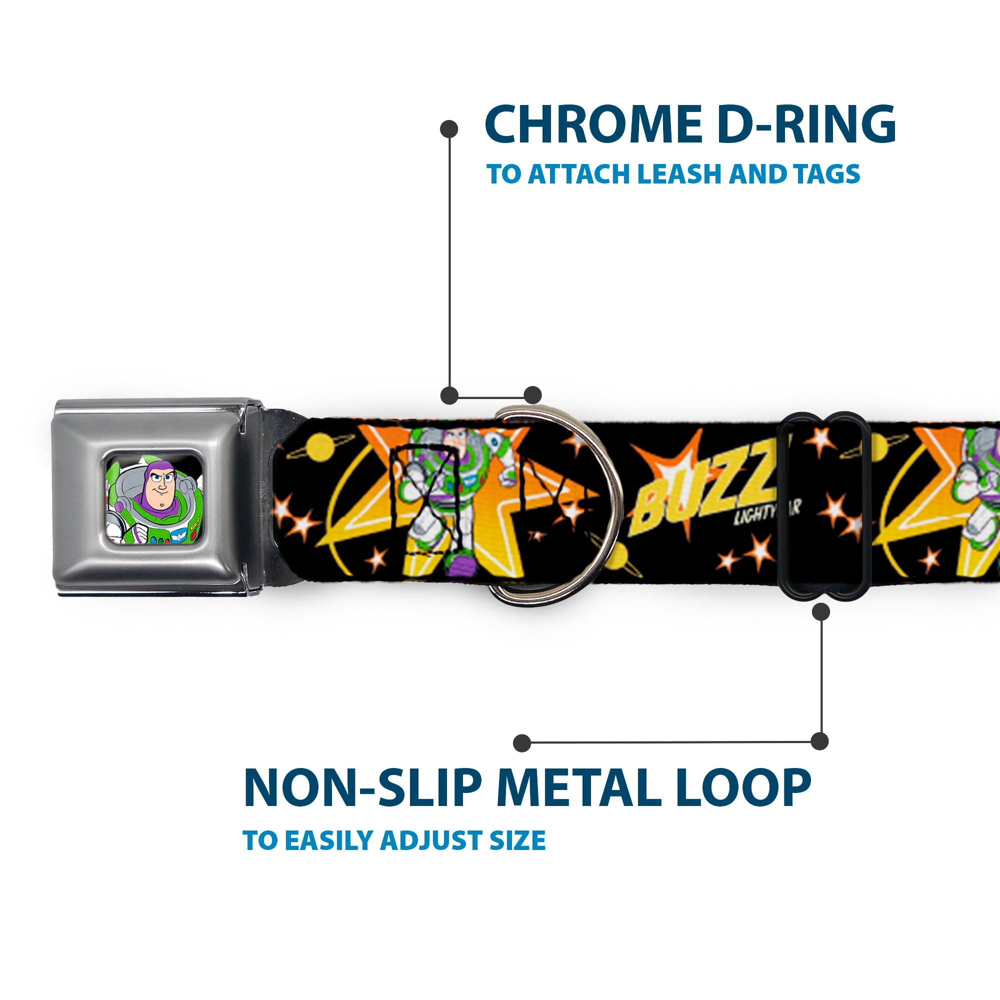 Dog Collar Seatbelt Buckle Toy Story Buzz Lightyear Running Stars Black Orange Yellow 18 To 32 Inches 1.5 Inch Wide