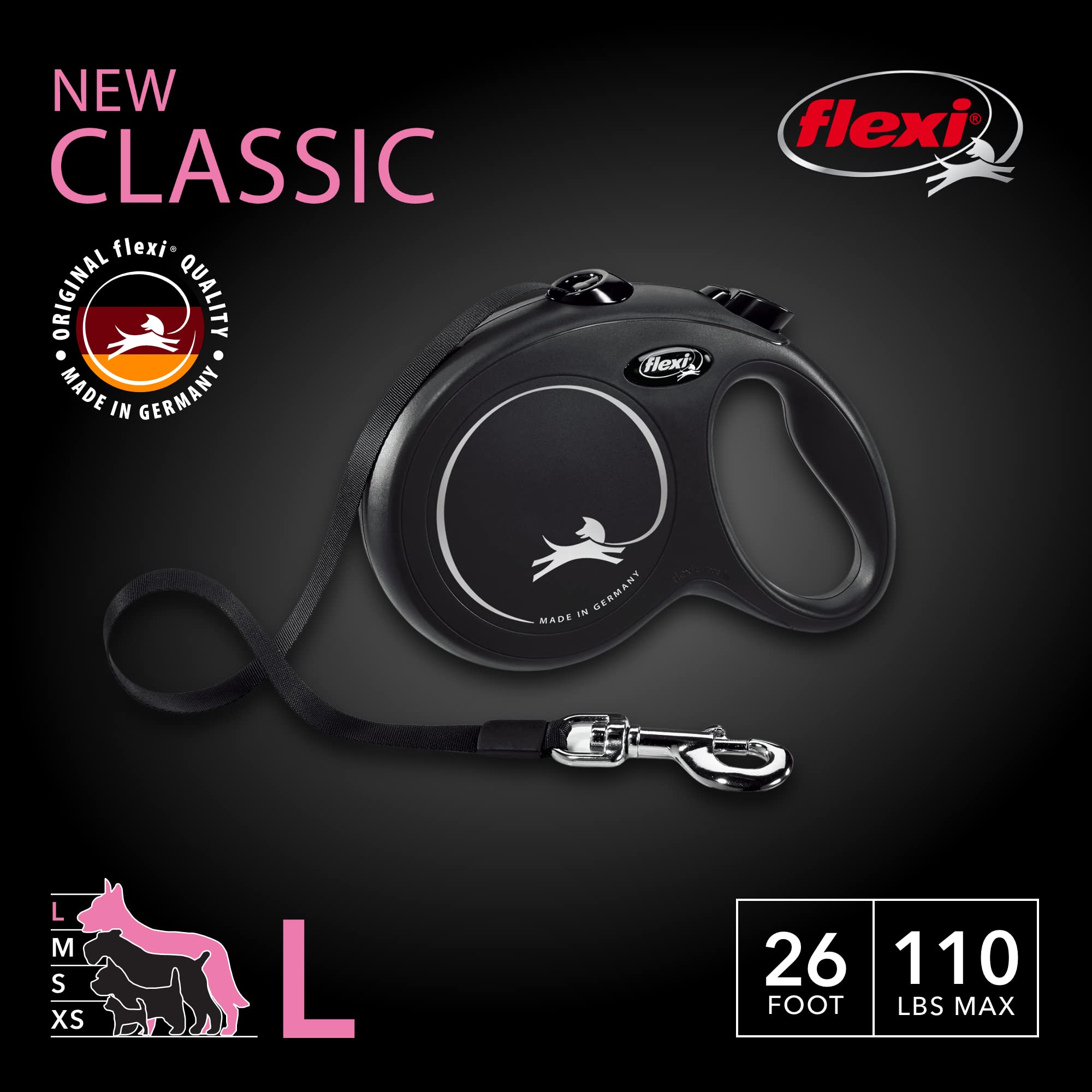 FLEXI Retractable Dog Leash for Large Dogs up to 110 lbs, 26 ft Nylon, Black - Model CL30T8.250.S, Tangle-Free with One-Handed Brake