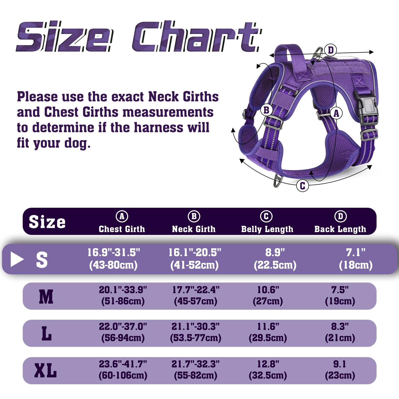 Rabbitgoo Dog Harness No Pull, Military Dog Harness For Small Dogs With Handle & Molle, Easy Control Service Dog Vest Harness Training Walking, Adjustable Reflective Tactical Pet Harness, Purple, S