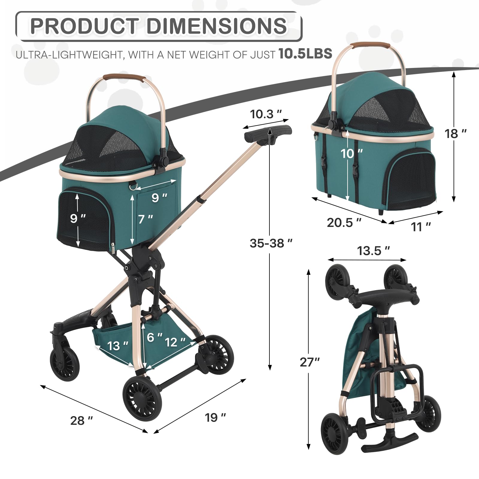 Monibloom 3 In 1 Pet Stroller With Adjustable Handle, Jogging Stroller W/Detachable Carrier & Lightweight Aluminum Frame For Dog