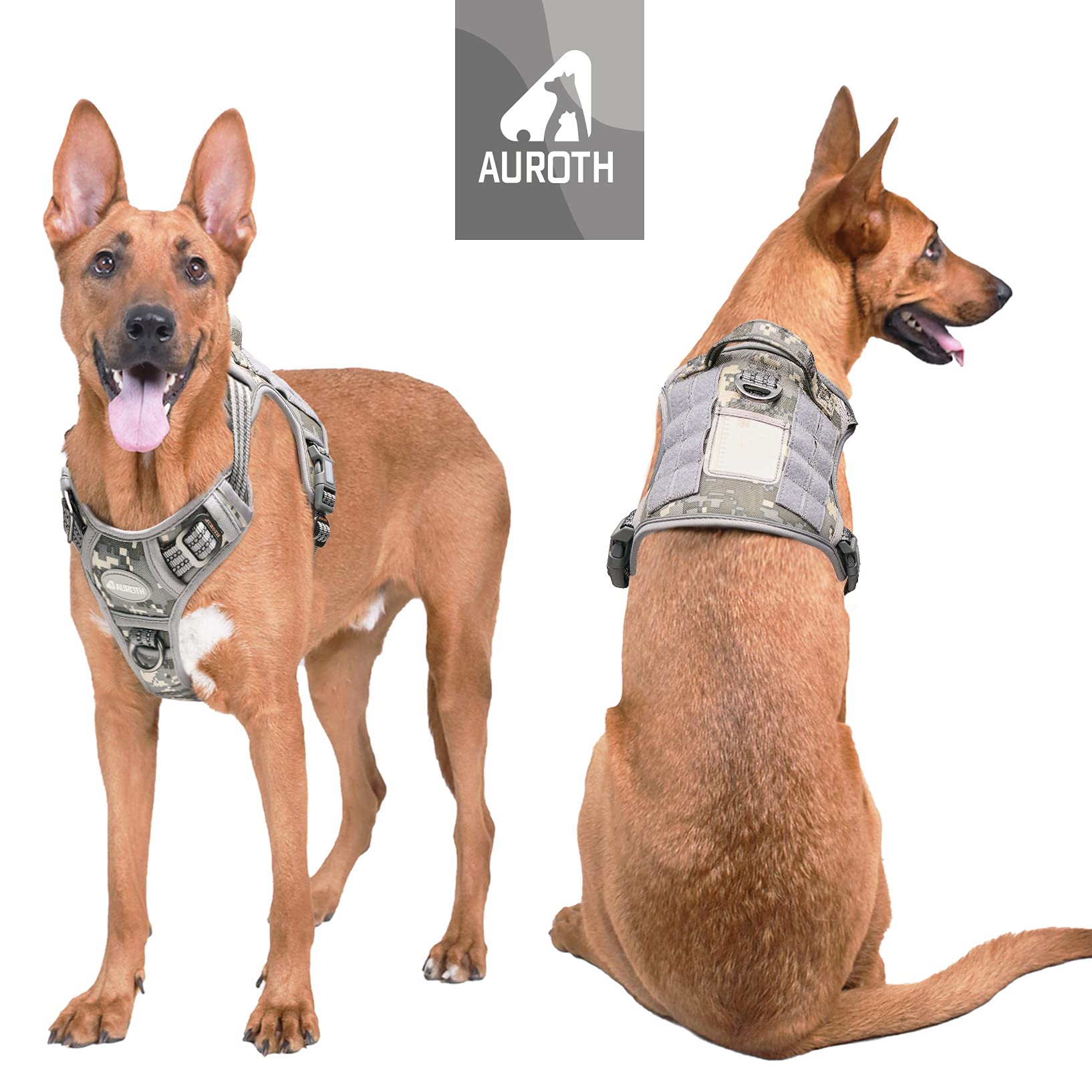 Auroth Tactical Dog Harness For Small Medium Large Dogs No Pull Adjustable Pet Harness Reflective K9 Working Training Easy Control Pet Vest Military Service Dog Harnesses Xl Grey Camo