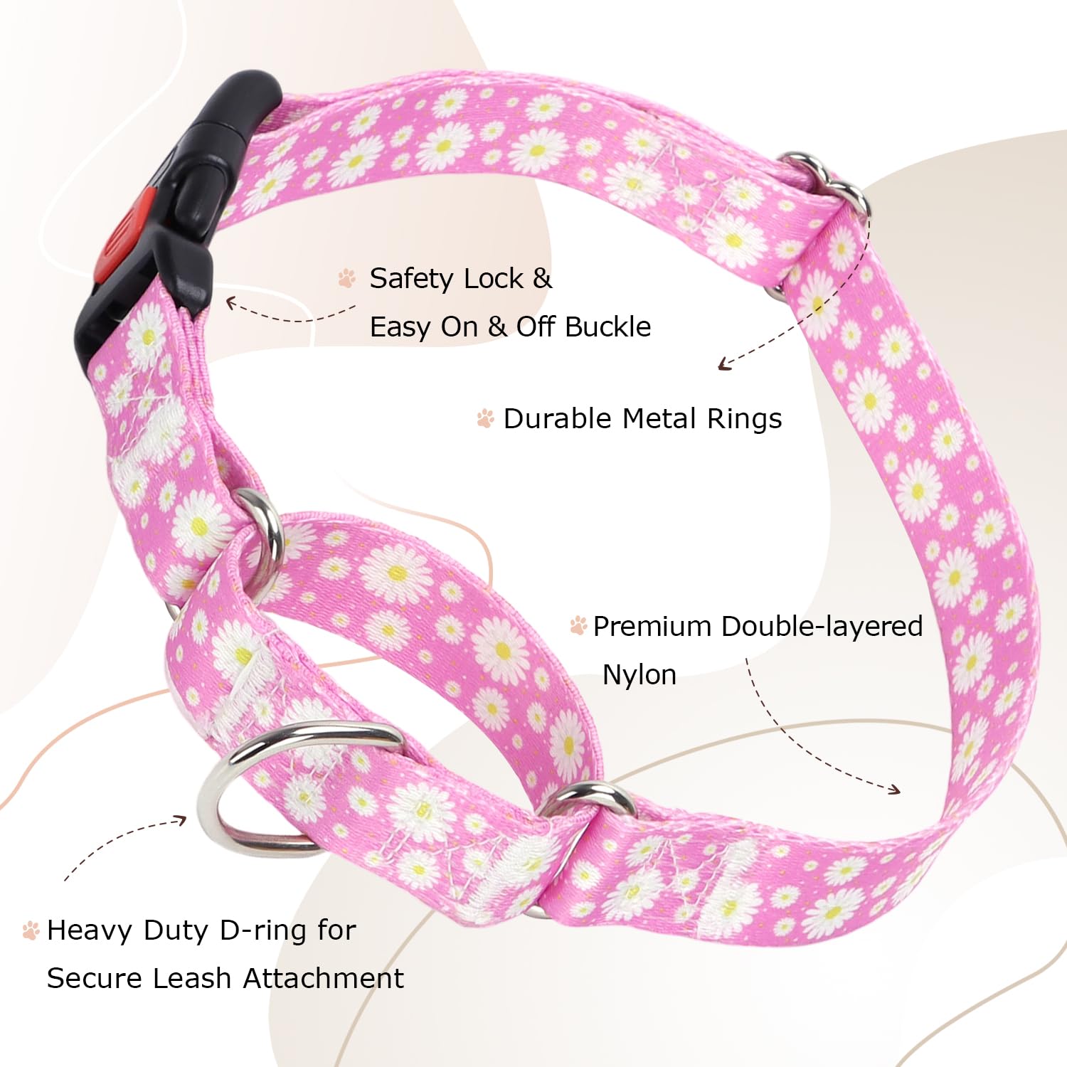 Onefojojo Martingale Collar For Dogs, Pink Daisy Flowers Martingale Dog Collar Adjustable Premium Collar With Quick-Release Buck