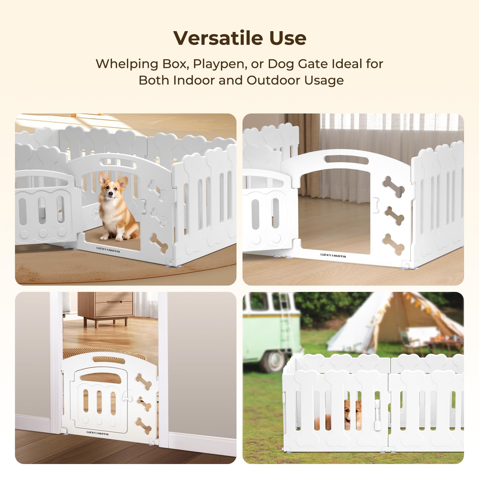 Lucky Muffin Dog Playpen With Door & Whelping Box, 6-Panel Lightweight Plastic Fence For Small To Medium Pets, Indoor/Outdoor Us