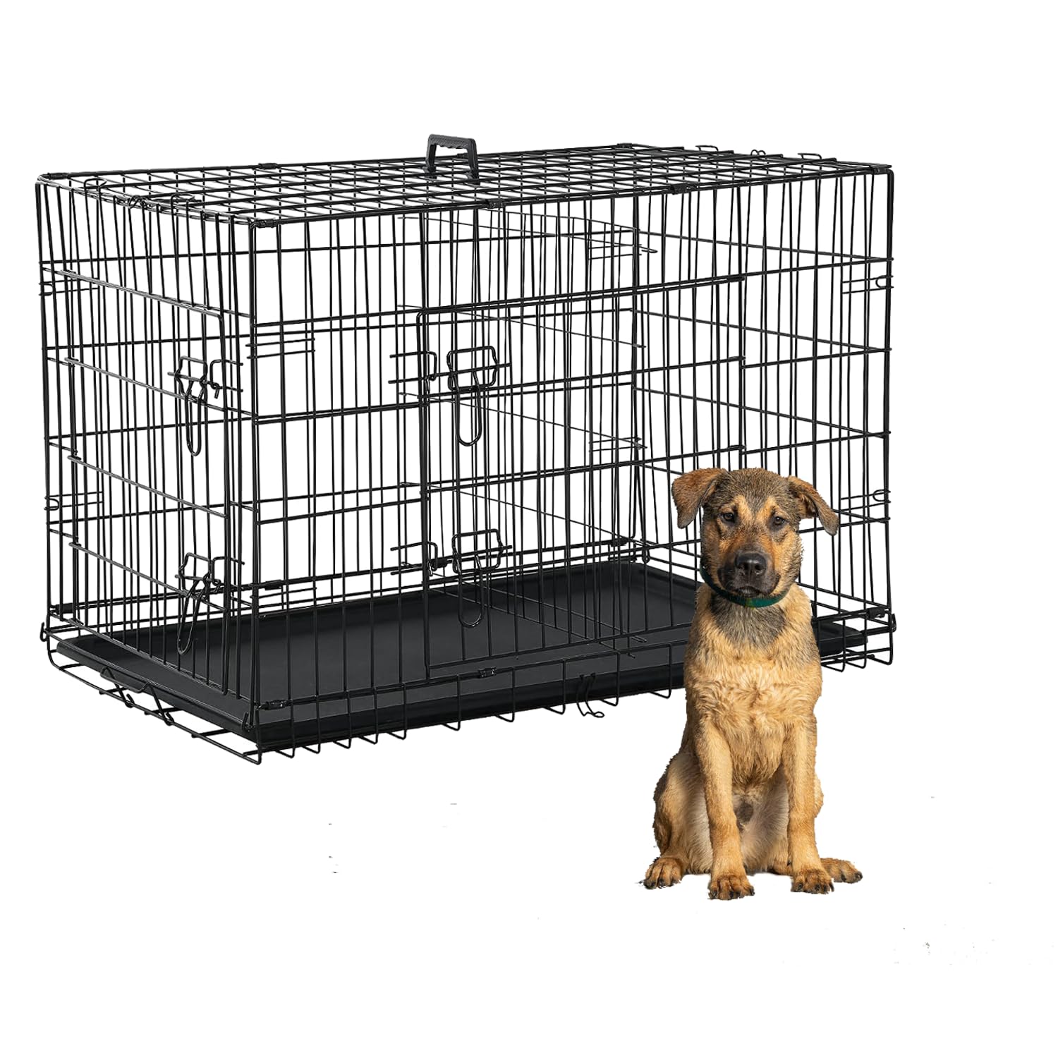 Home For Pets Dog Crate Cage Extra Folding Large Double Door Pet Crate,Includes Divider And Tray,(Black,42)