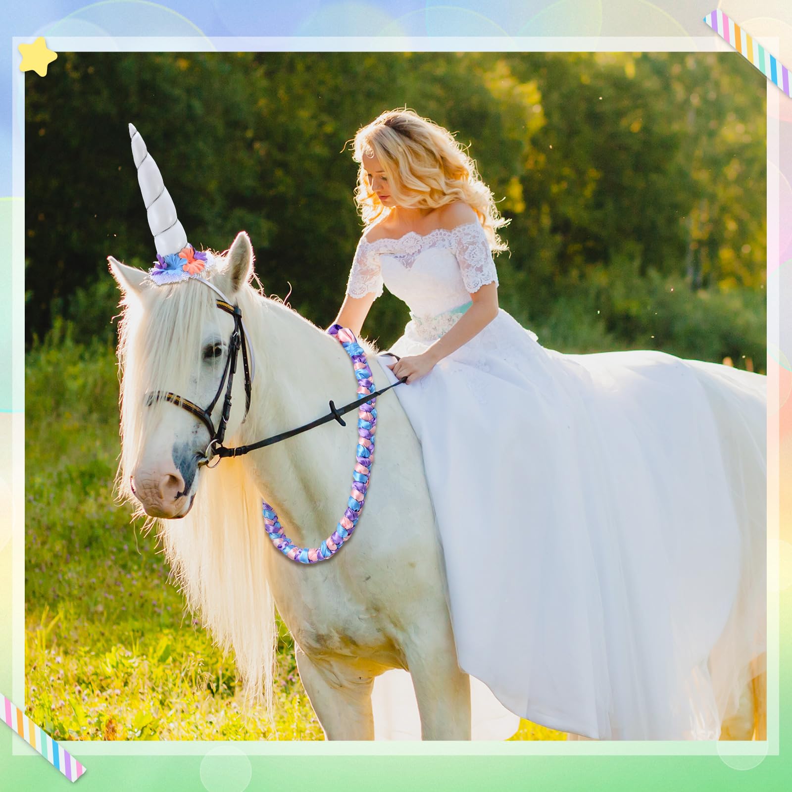 Shyyween 8 Pcs Horse Costumes for Horses to Wear, Unicorn Kit, Include Neck Wreath & 6 Mane Feathers Clip in Hair Extensions Hor