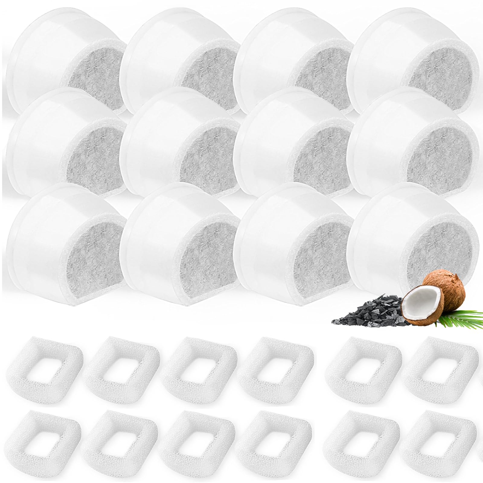 24 Pack Cat Water Fountain Filters Replacement, 12 Carbon Filters and 12 Foam Sponge Pre-Filter Fit for Multiple Ceramic and Sta