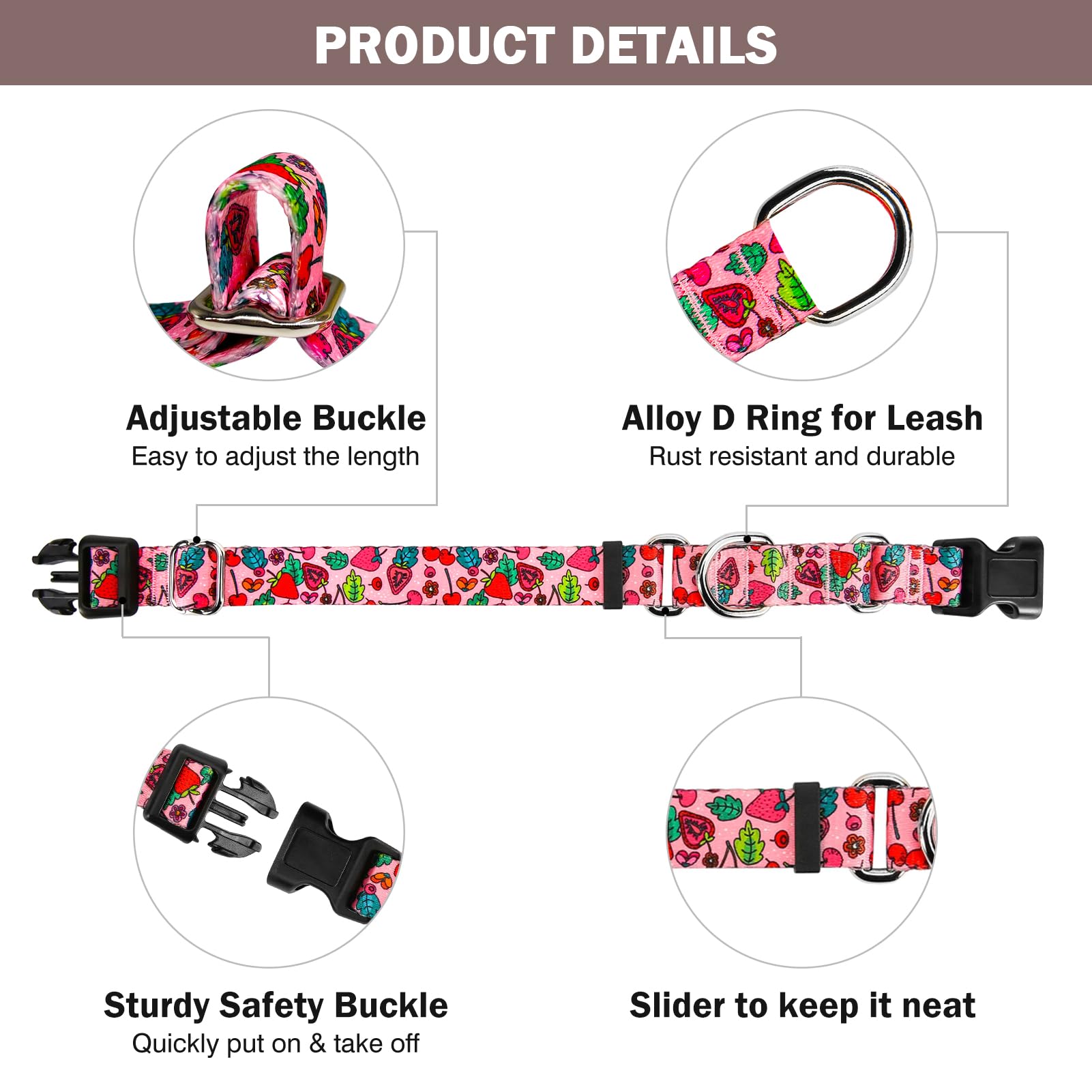 Hikiko Summer Dog Collar For Small Medium Large Dogs, Adjustable Nylon Fruit Pattern Martingale Collars With Quick Release Buckl