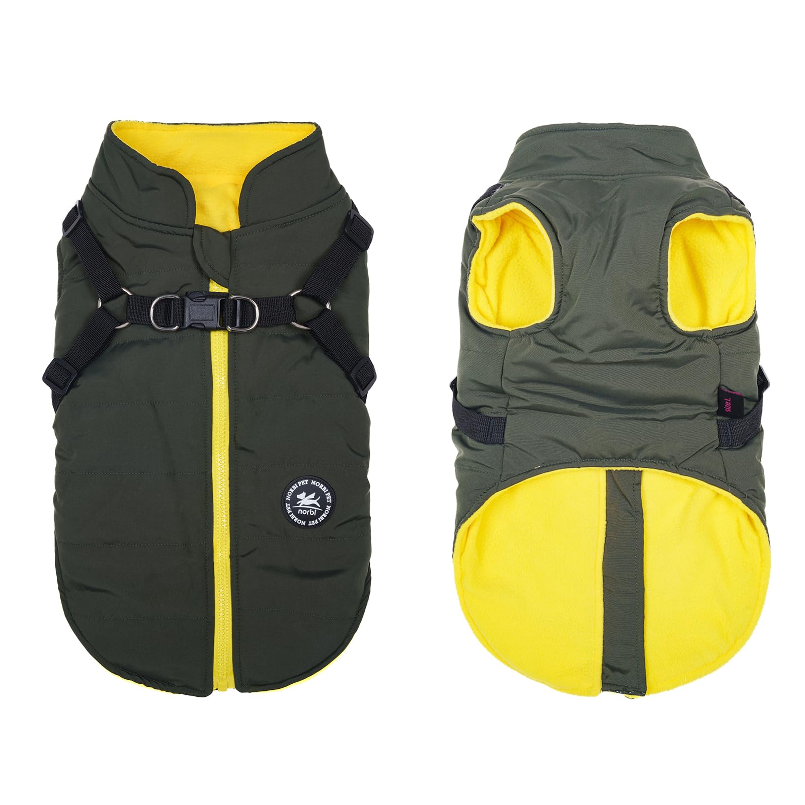Norbi Pet Warm Jacket for Small Dogs, 4XL, Green, 2-in-1 Winter Vest Harness, Polyester Cold Weather Coat