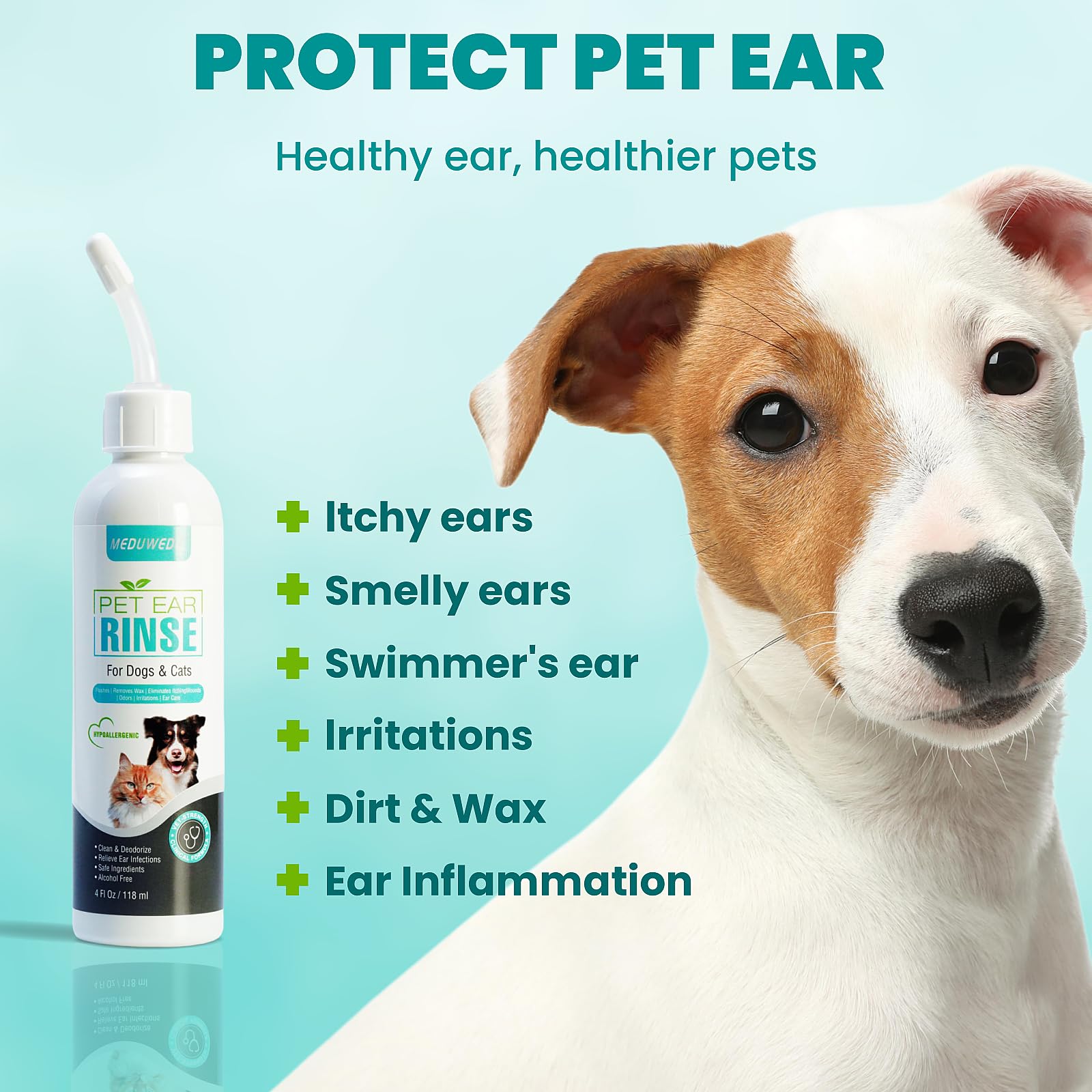 MEDUWEDU Dog Ear Cleaner - 4 Fl Oz Non-Irritating Solution for Dogs & Cats, Eliminates Odour, Dirt & Wax, White