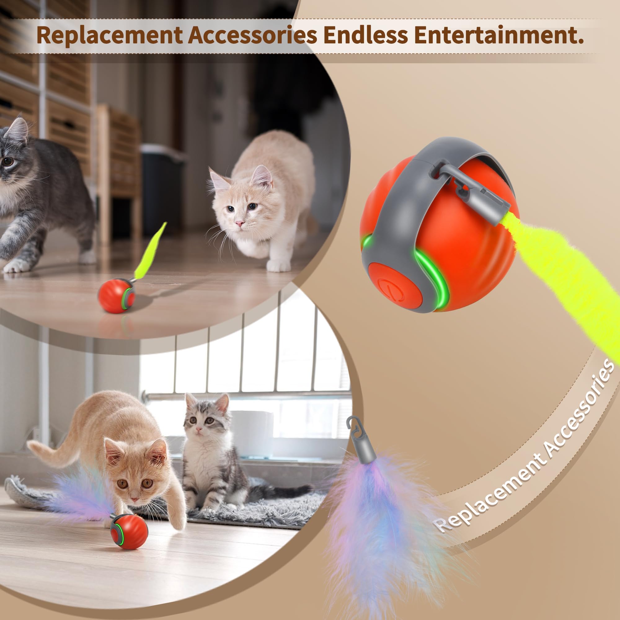 Qkoqko Speedy Tail 2.0 Interactive Cat Toy - Smart Self-Rolling Cat Ball With Feather Tail, Automatic Moving Motorized Toy For I