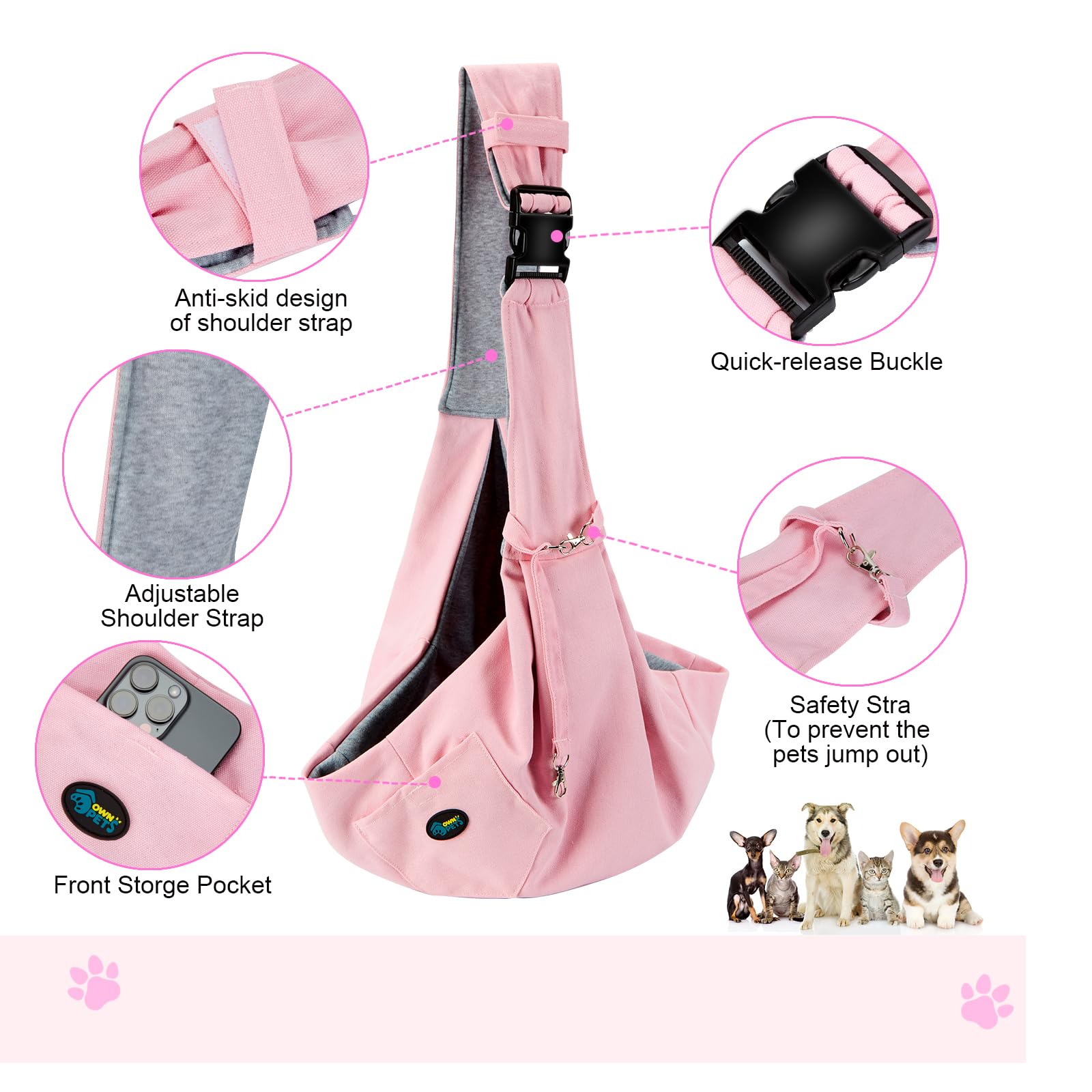 Ownpets Pink Pet Sling Carrier, Pet Sling Carrier Bag Safe,Fit 10~15Lb Cats&Dogs, Comfortable, Adjustable, Perfect For Daily Wal