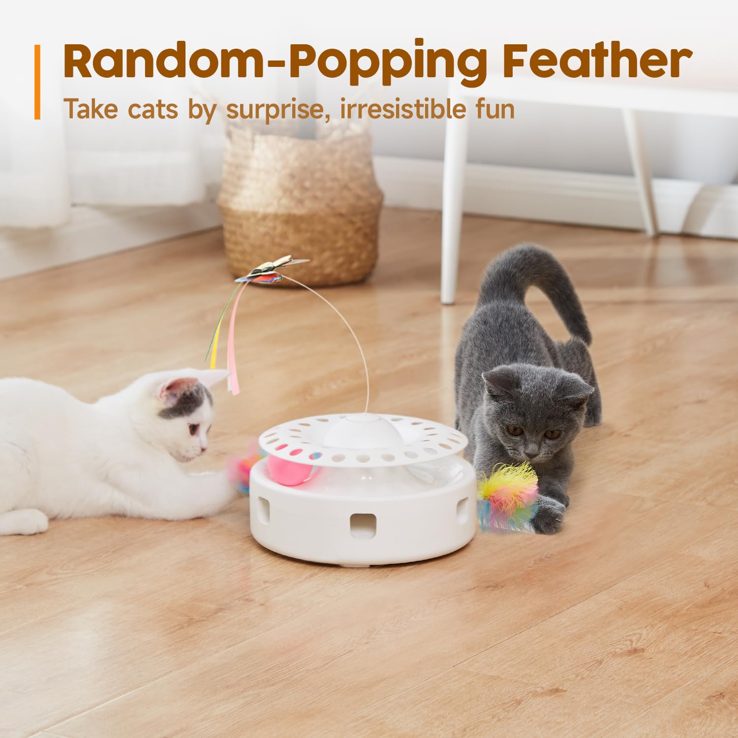 Potaroma Cat Toys 3In1 Automatic Interactive Kitten Toy, Fluttering Butterfly, Moving Ambush Feather, Track Balls, Dual Power Supplies, Usb Powered, Indoor Exercise Kicker (Bright White)