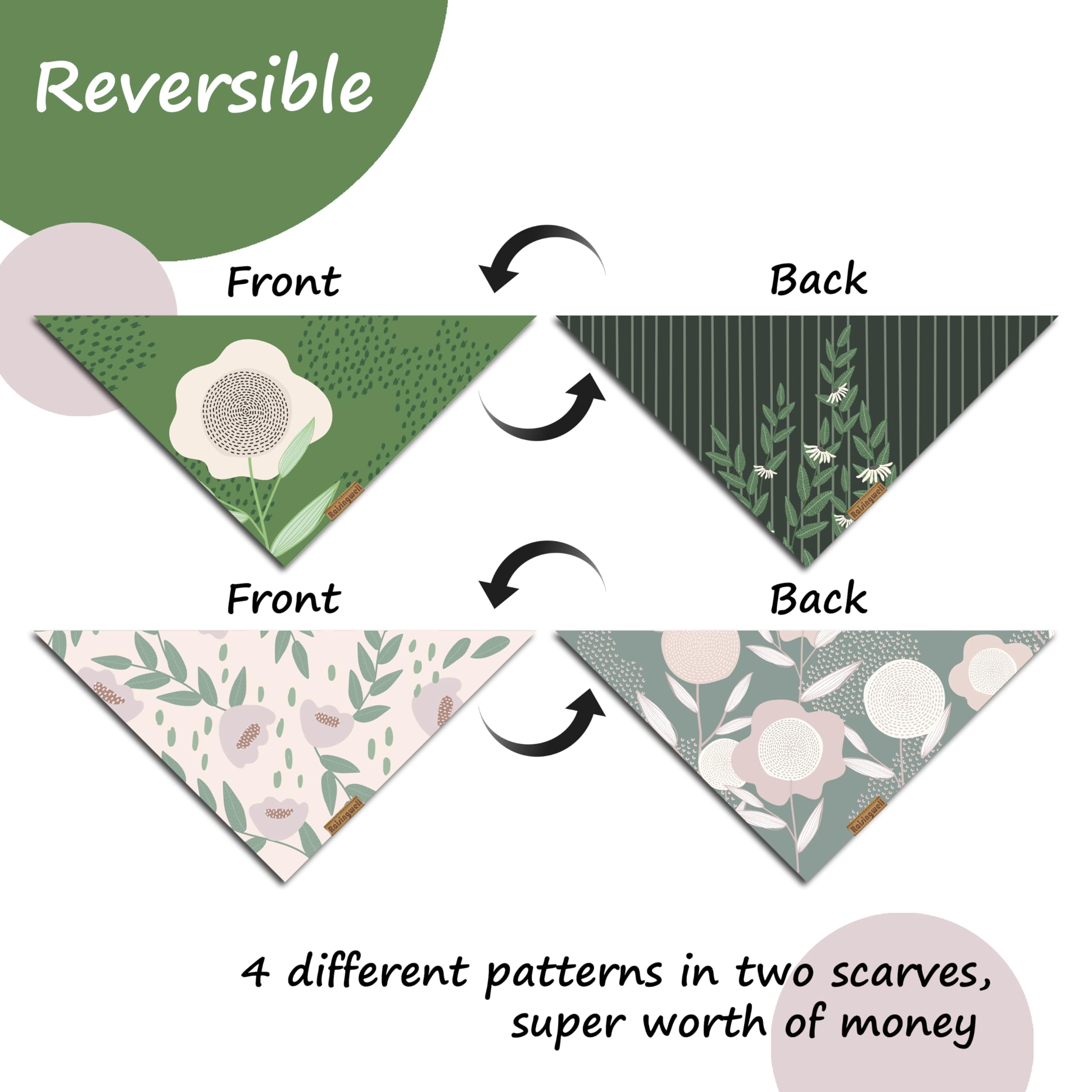Raisingwell Summer Dog Bandanas 2 Pack, 4 Pattern Reversible Dog Bandana, Adjustable, Washable, Spring Floral Triangle Scarf For