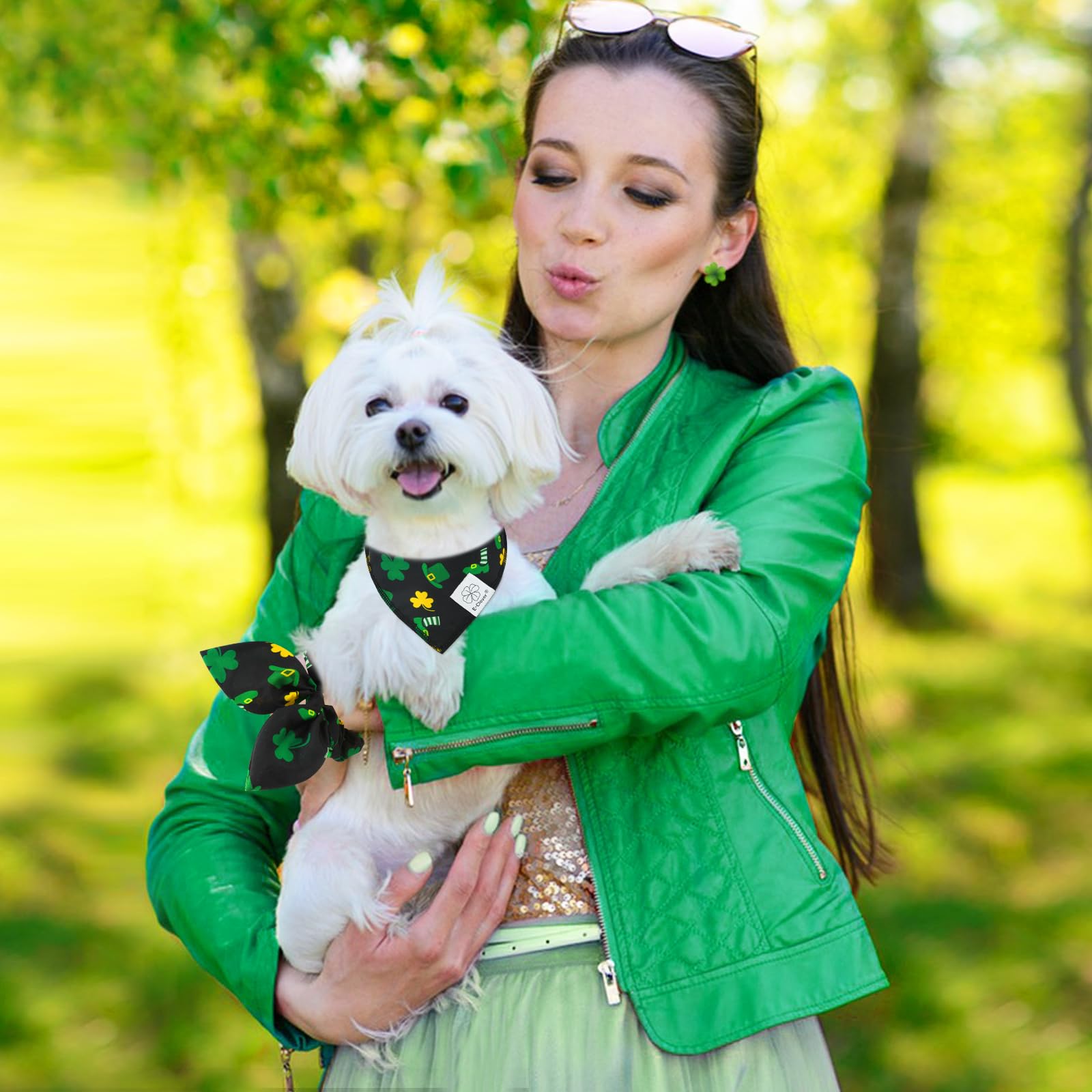 E-Clover Spring Dog Bandana & Matching Scrunchie-Shamrock Dog Bandanas Irish Pet Scarf Bib For Samll Dogs Puppy Girl Boy Owner G